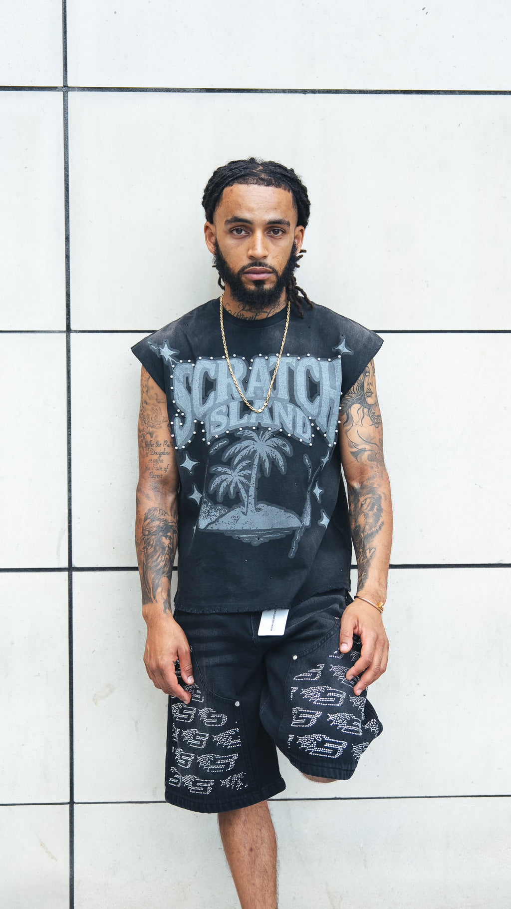 Black Rhinestone & Pearl Sleeveless Tee