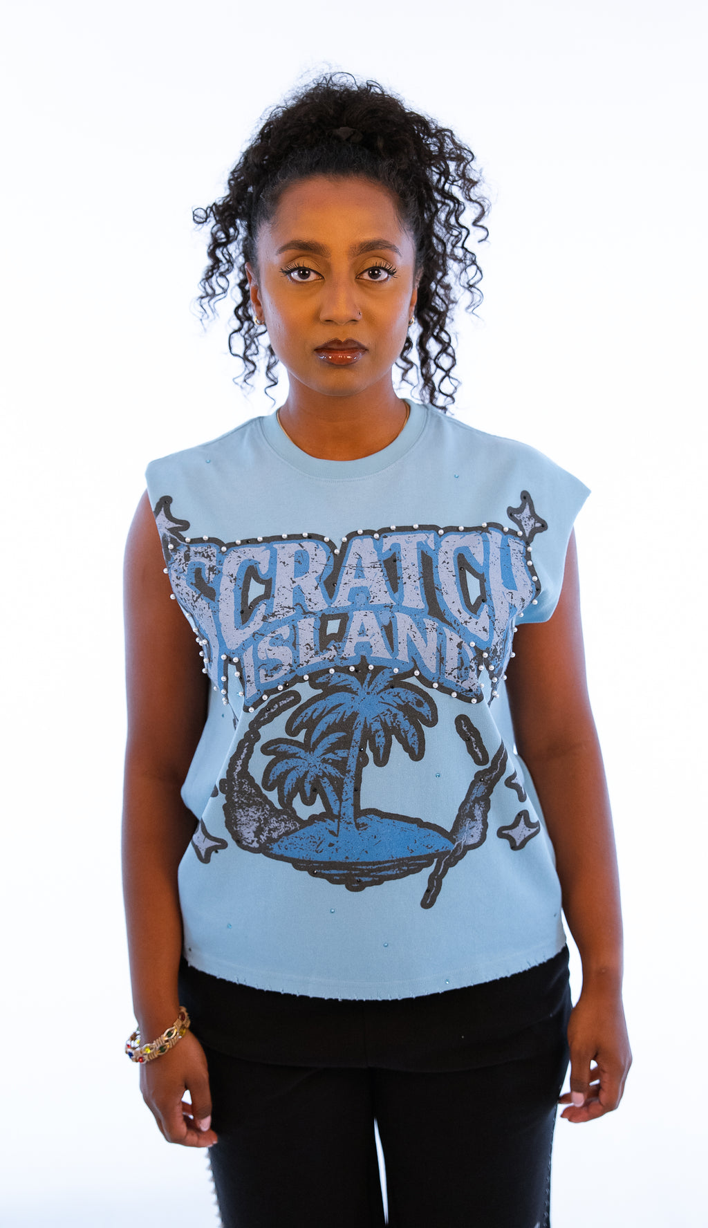 Blue Rhinestone & Pearl Sleeveless Tee