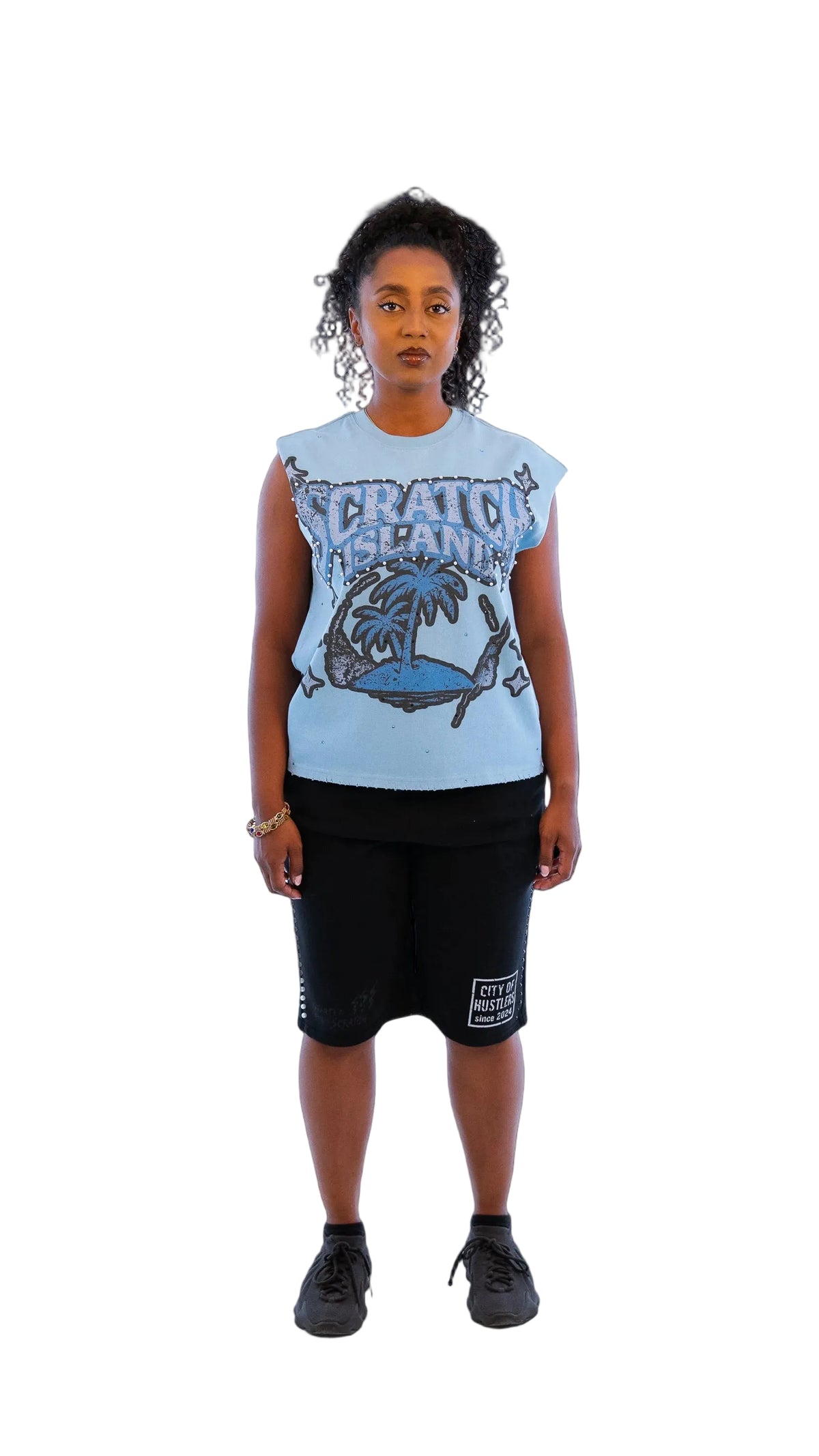 Blue Rhinestone & Pearl Sleeveless Tee
