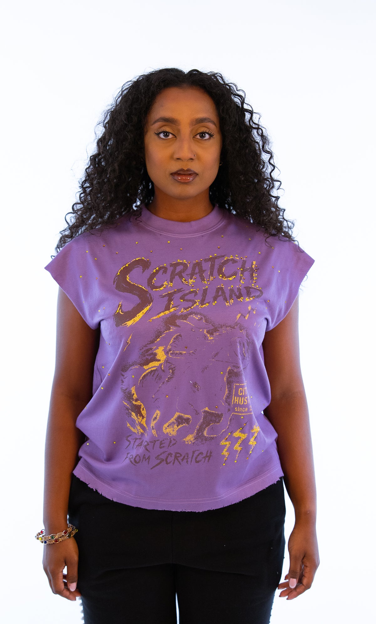 Purple & Yellow Rhinestone Sleeveless Tee
