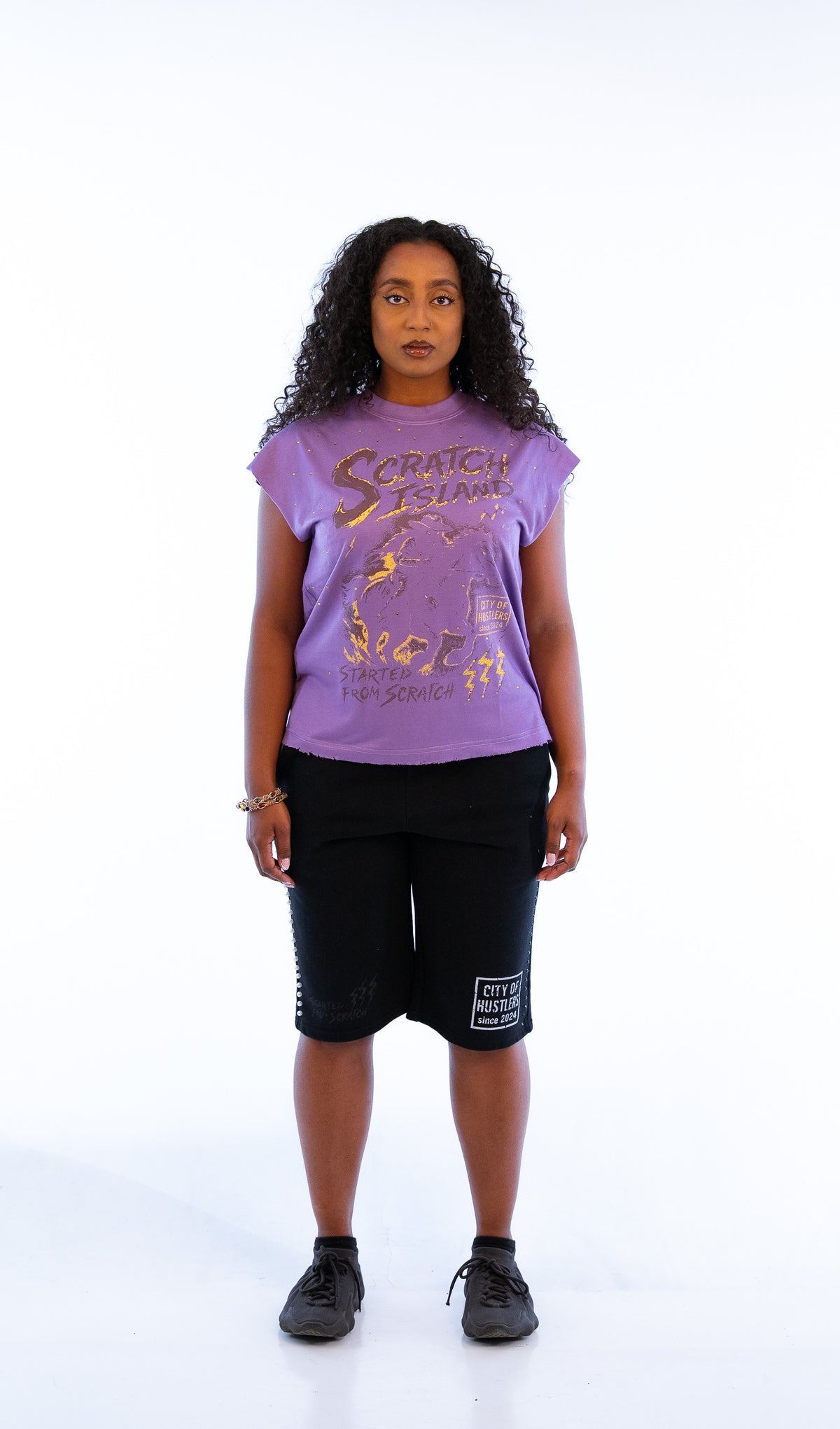 Purple & Yellow Rhinestone Sleeveless Tee