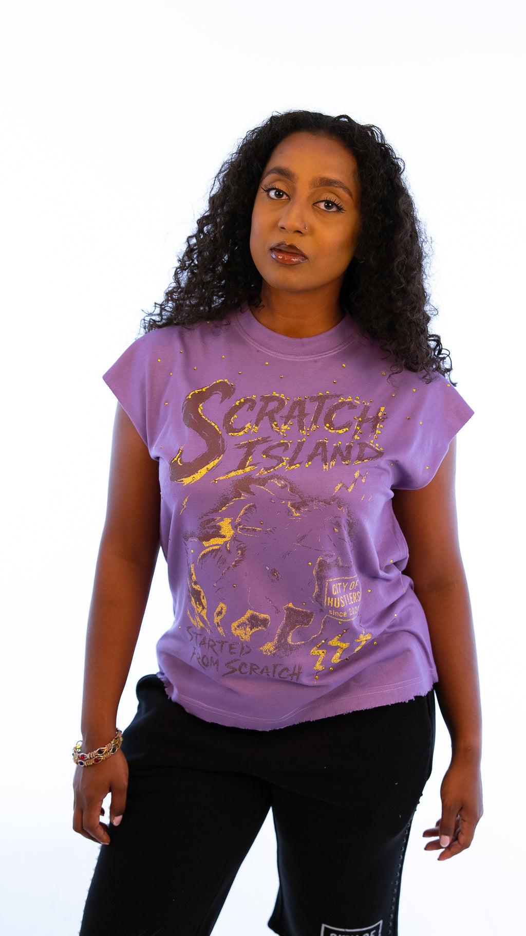 Purple & Yellow Rhinestone Sleeveless Tee