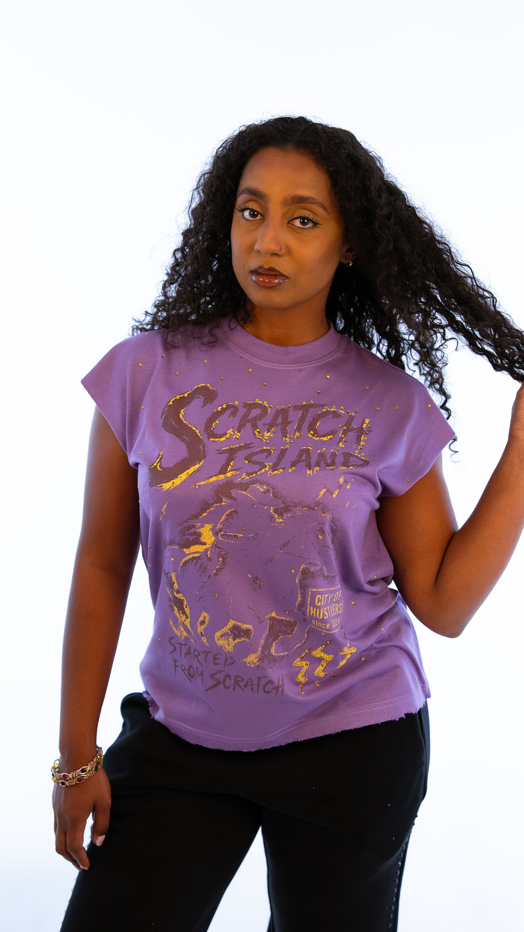 Purple & Yellow Rhinestone Sleeveless Tee
