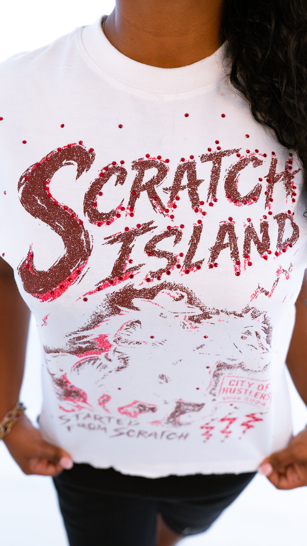 White & Red Rhinestone Sleeveless Tee