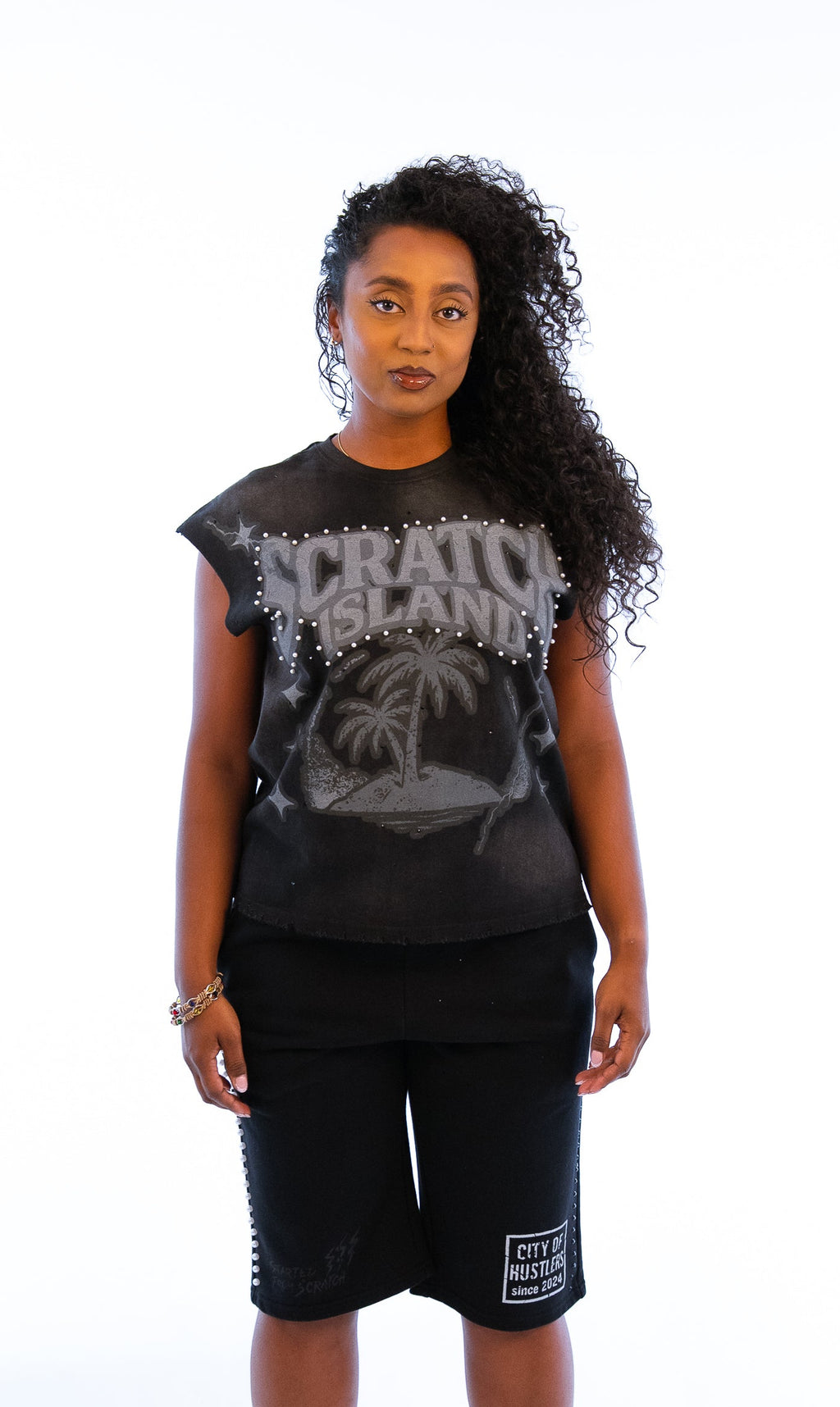 Black Rhinestone & Pearl Sleeveless Tee
