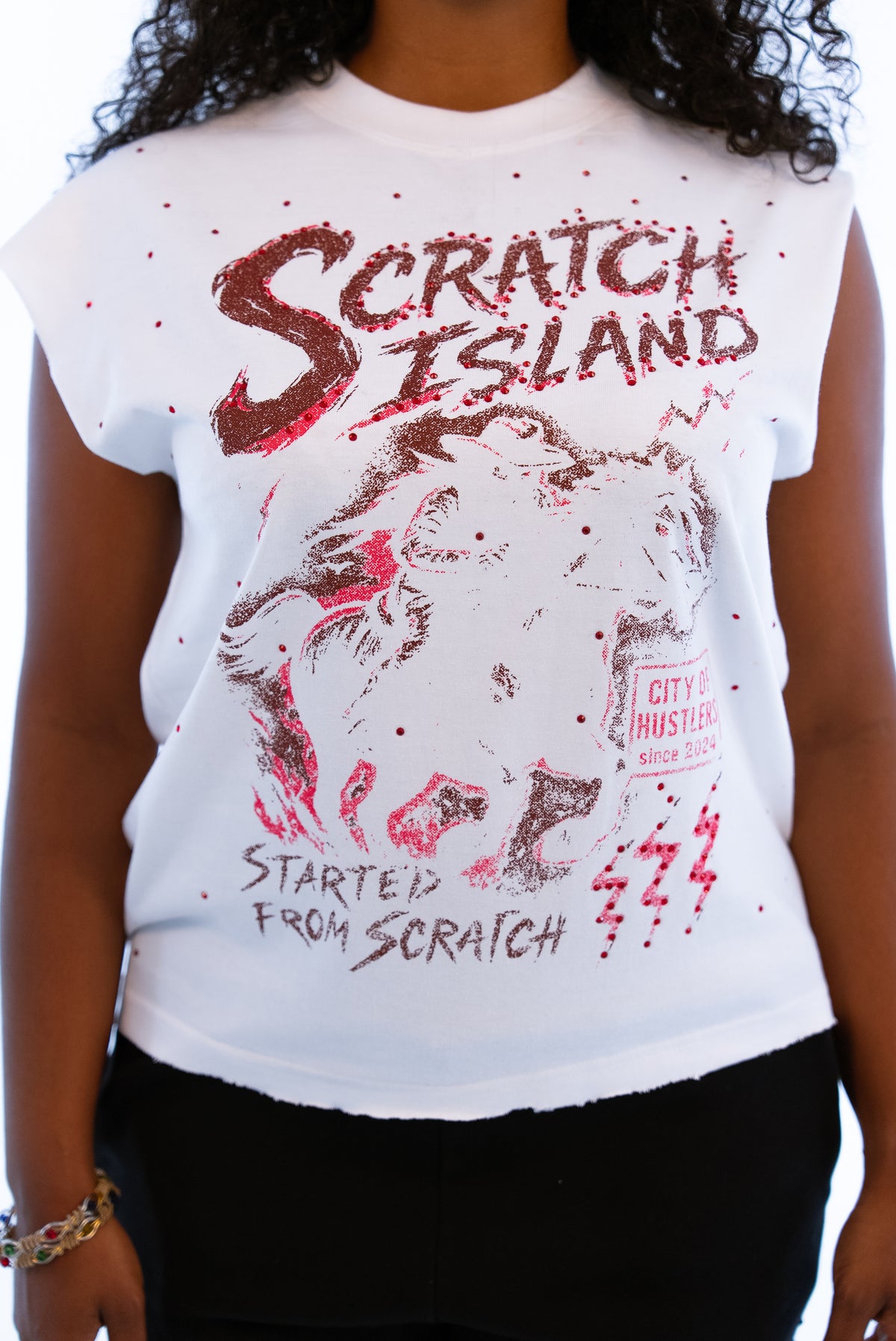 White & Red Rhinestone Sleeveless Tee