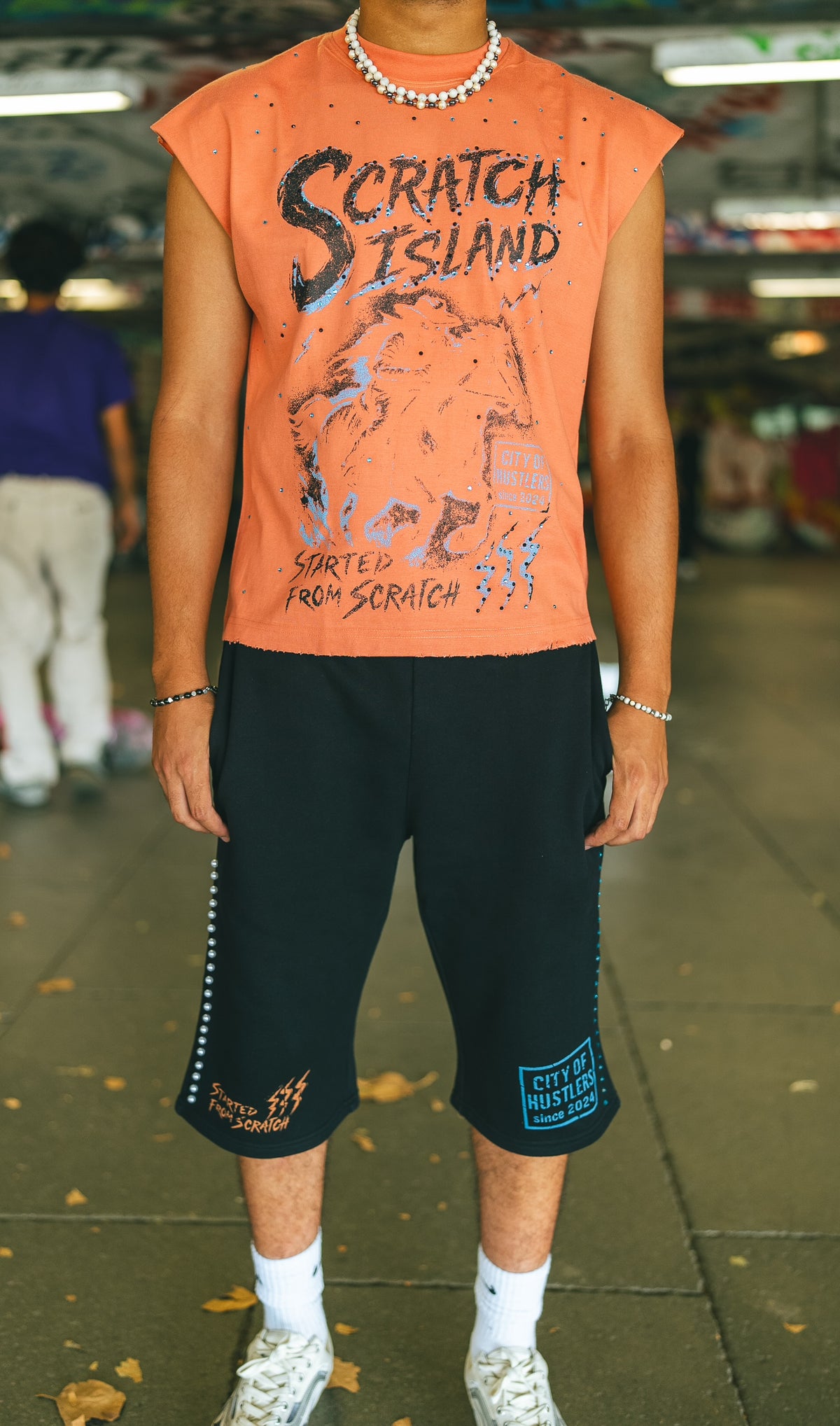 Black Orange/Blue PearlStone Statement Shorts
