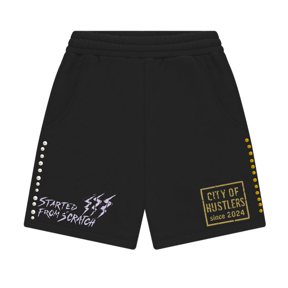 Black Purple/Gold PearlStones Statement Shorts