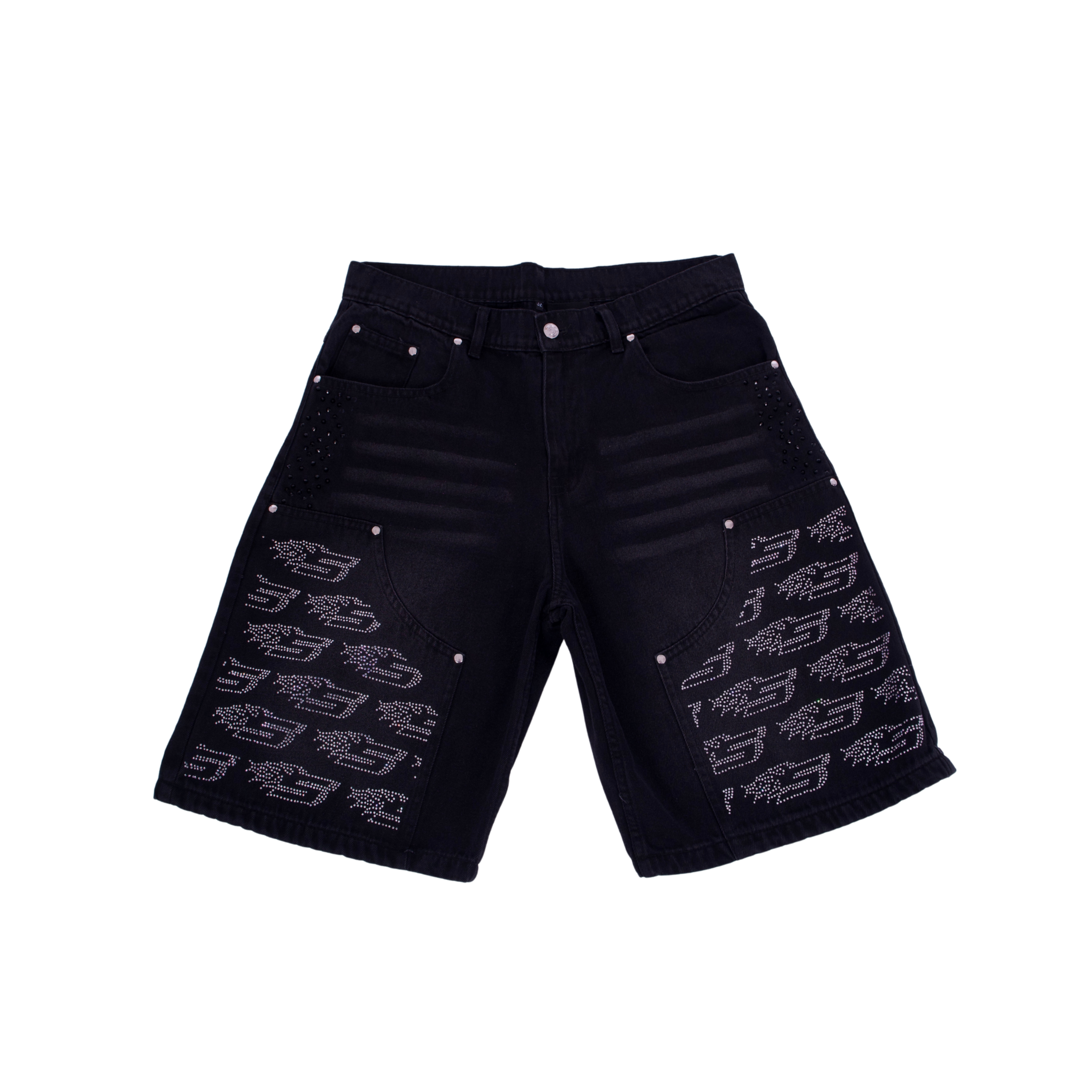 Black Denim Jorts - White Rhinestone
