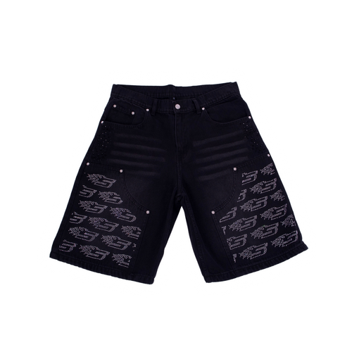 Black Denim Jorts - White Rhinestone