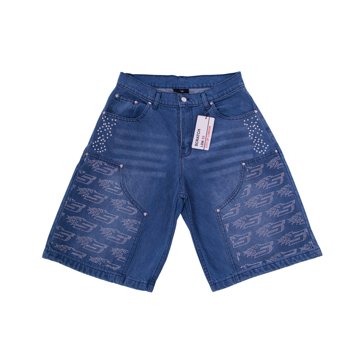 Blue Denim Jorts - White Rhinestone