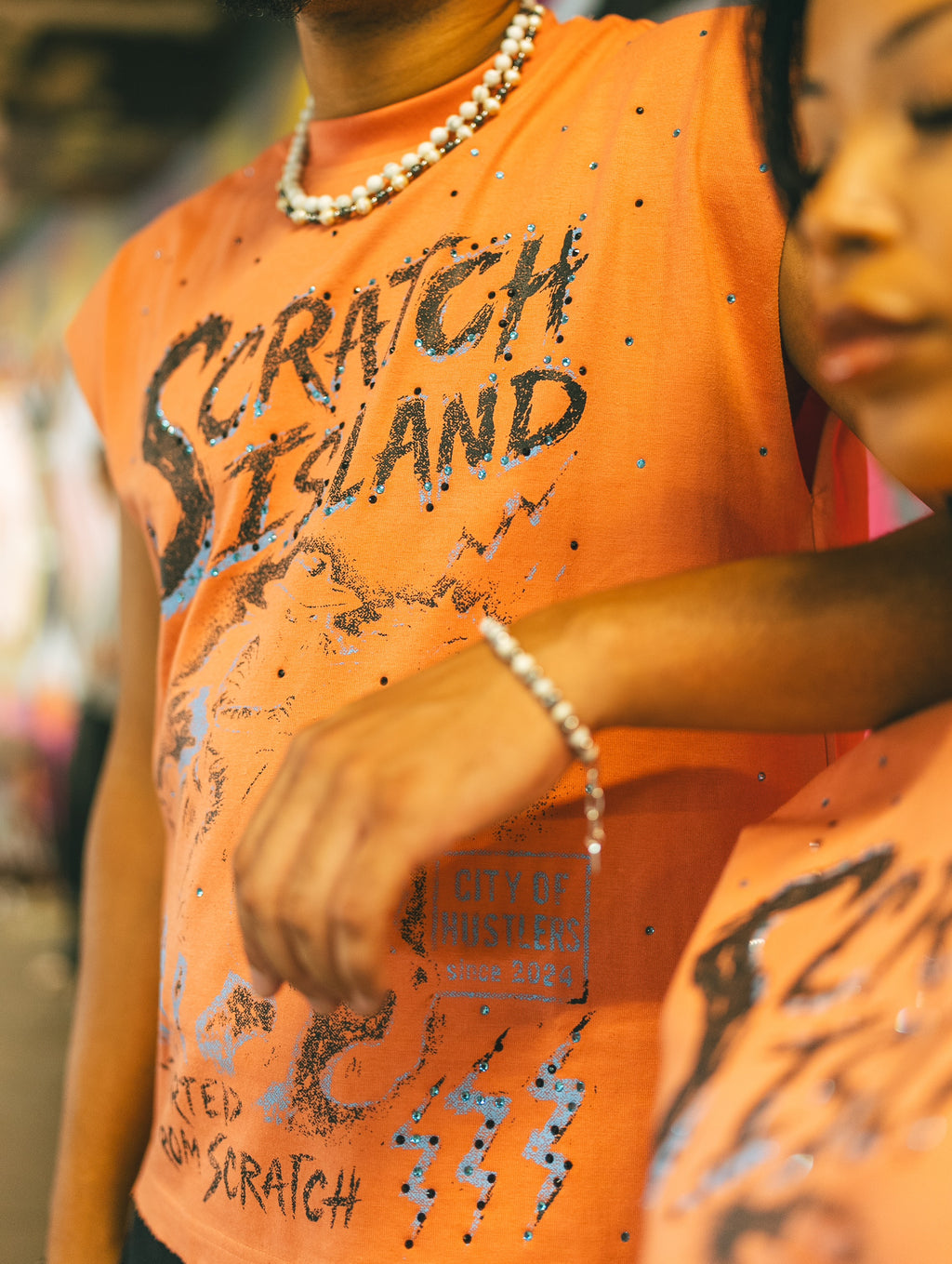 Orange & Blue Rhinestone Sleeveless Tee