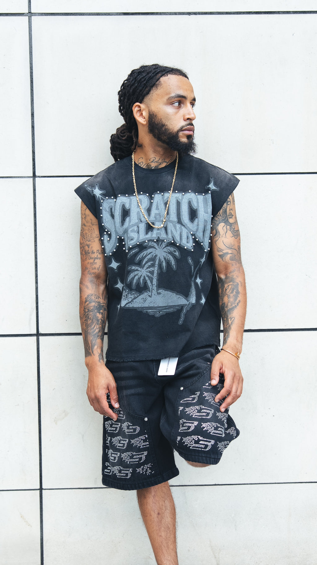 Black Rhinestone & Pearl Sleeveless Tee