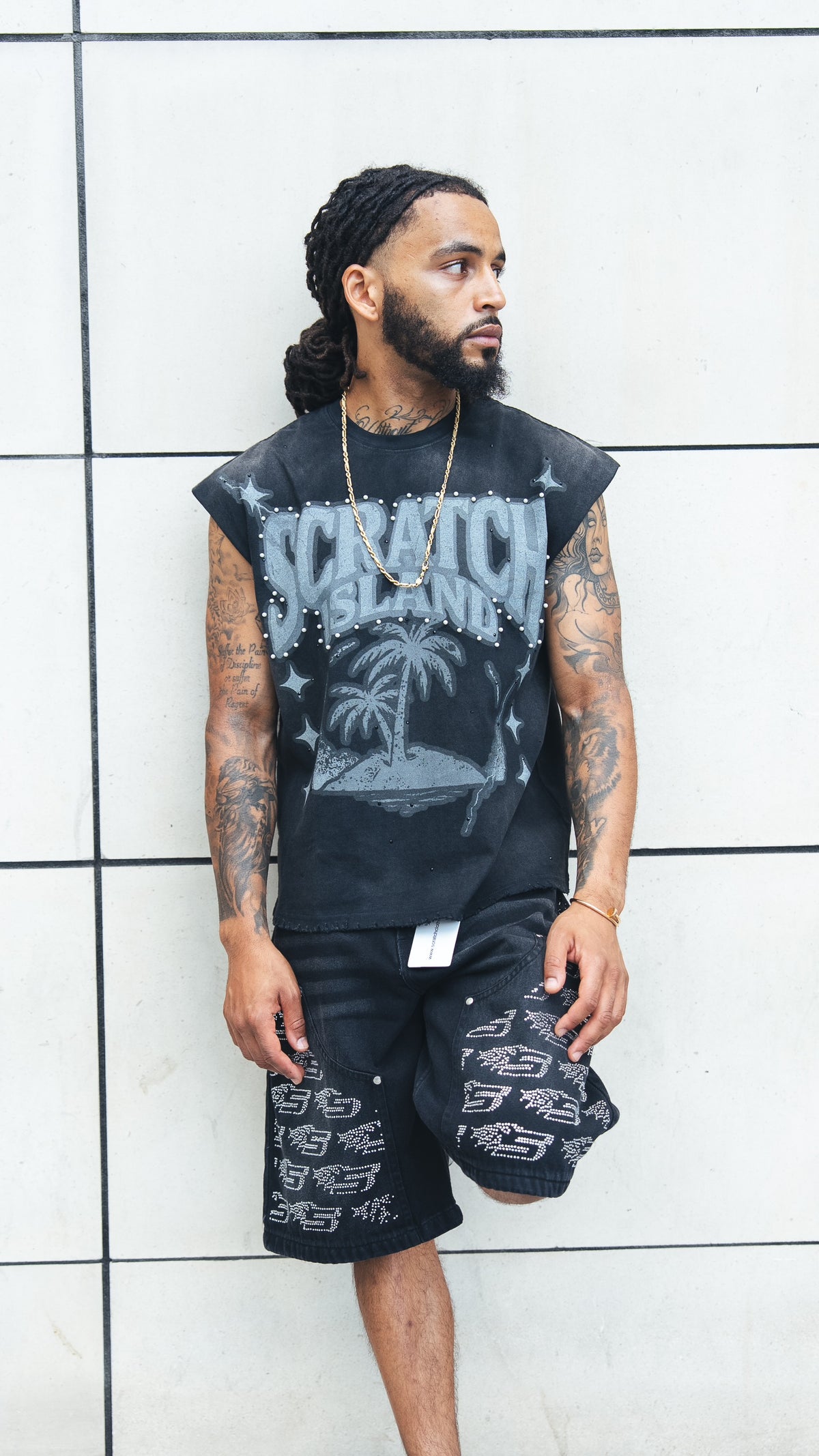 Black Rhinestone & Pearl Sleeveless Tee