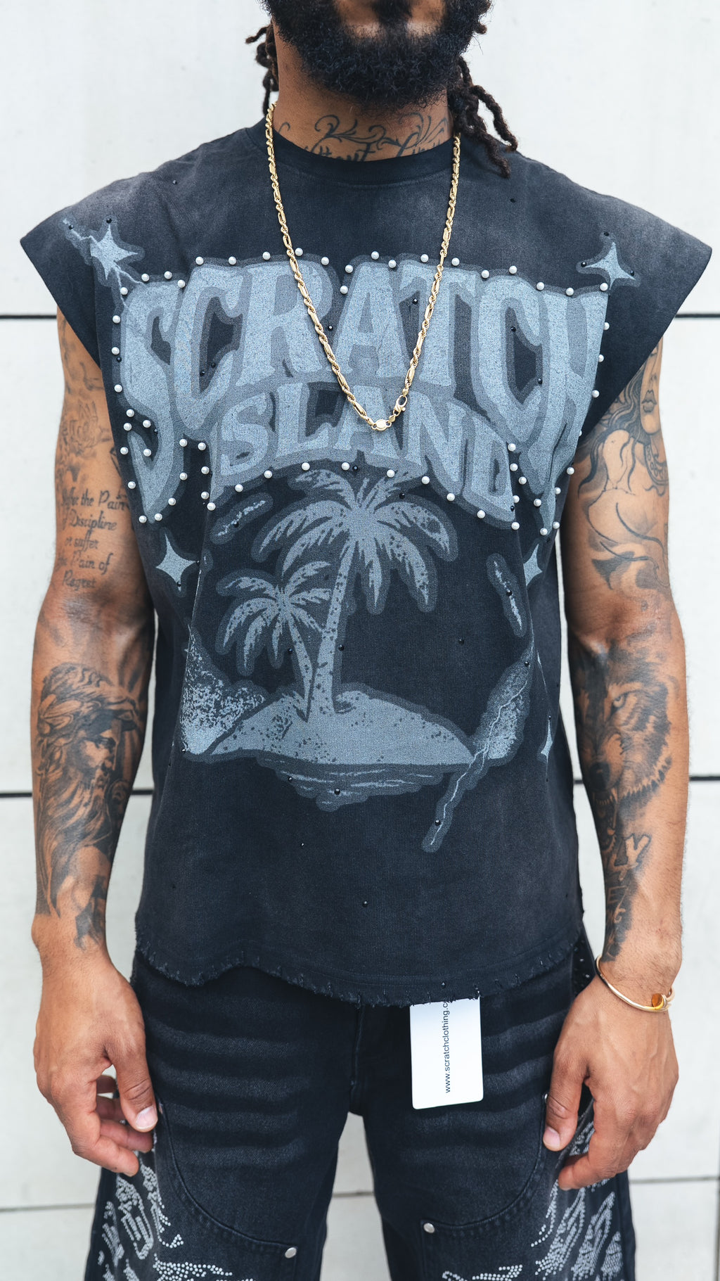 Black Rhinestone & Pearl Sleeveless Tee
