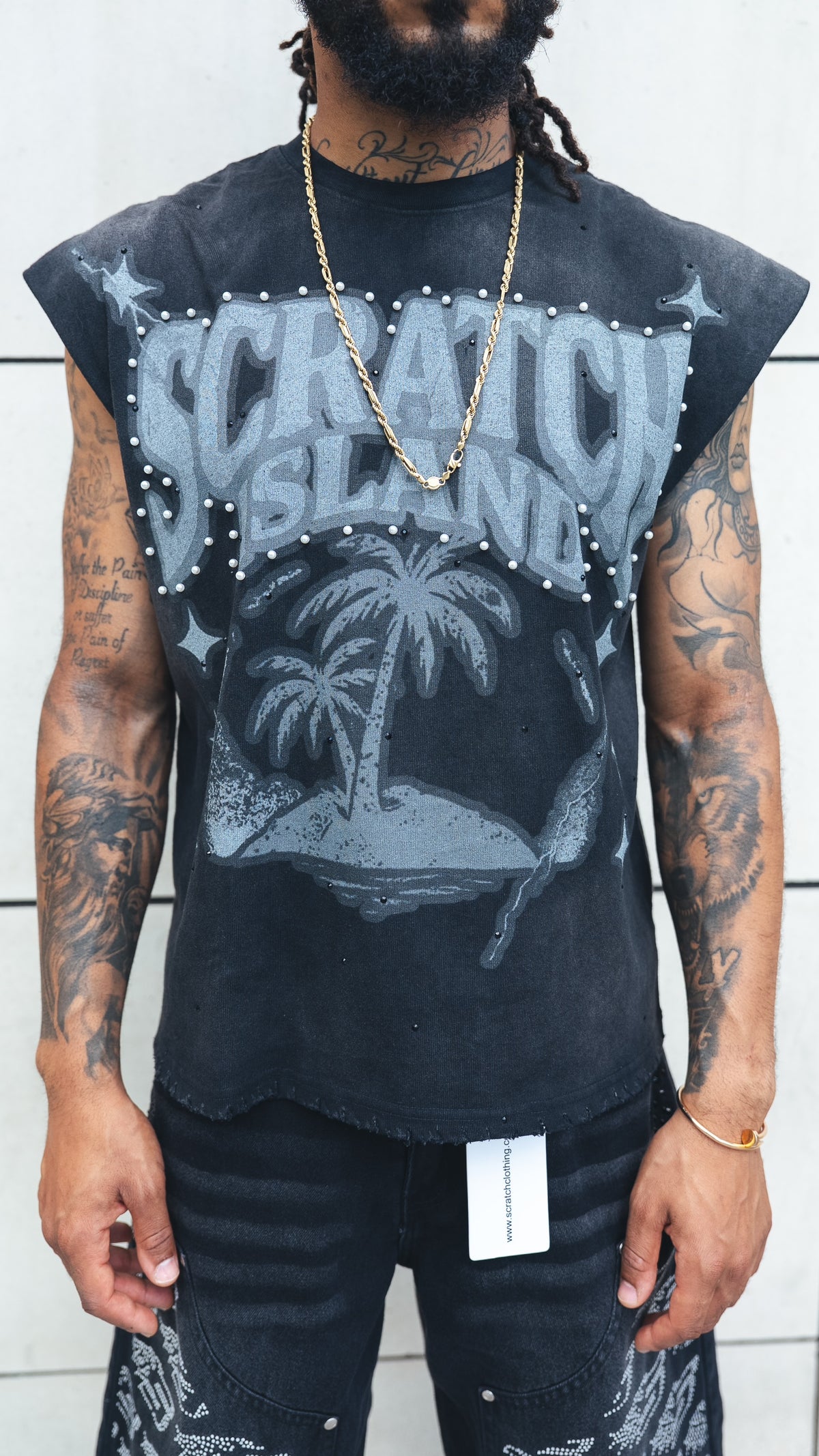 Black Rhinestone & Pearl Sleeveless Tee