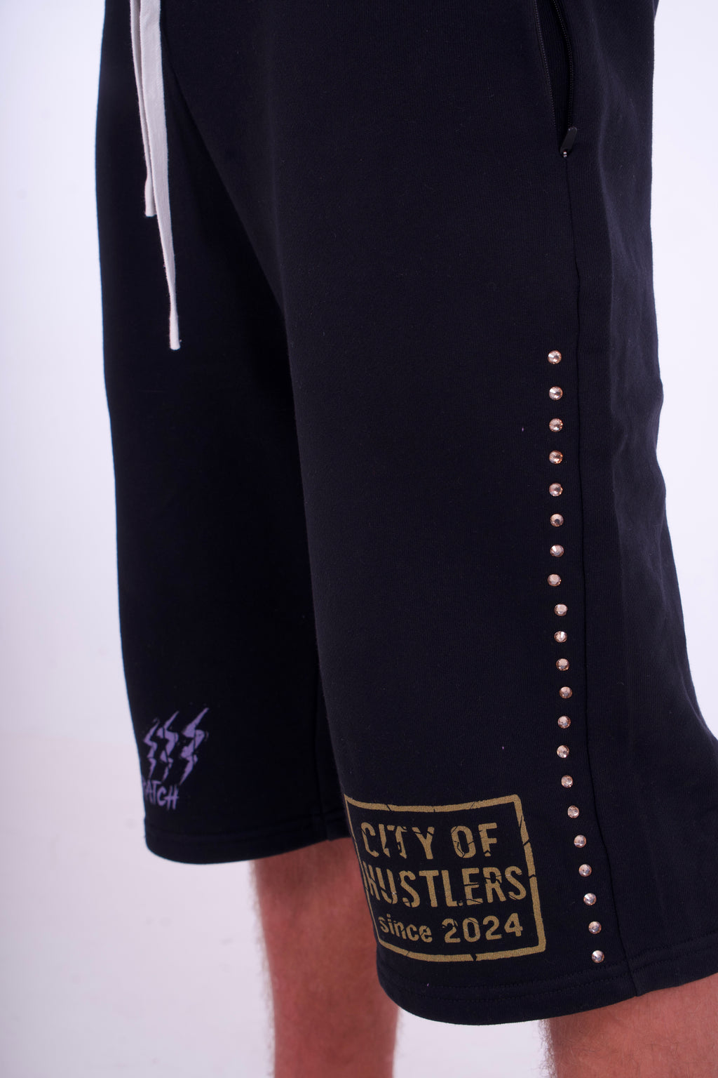 Black Purple/Gold PearlStones Statement Shorts