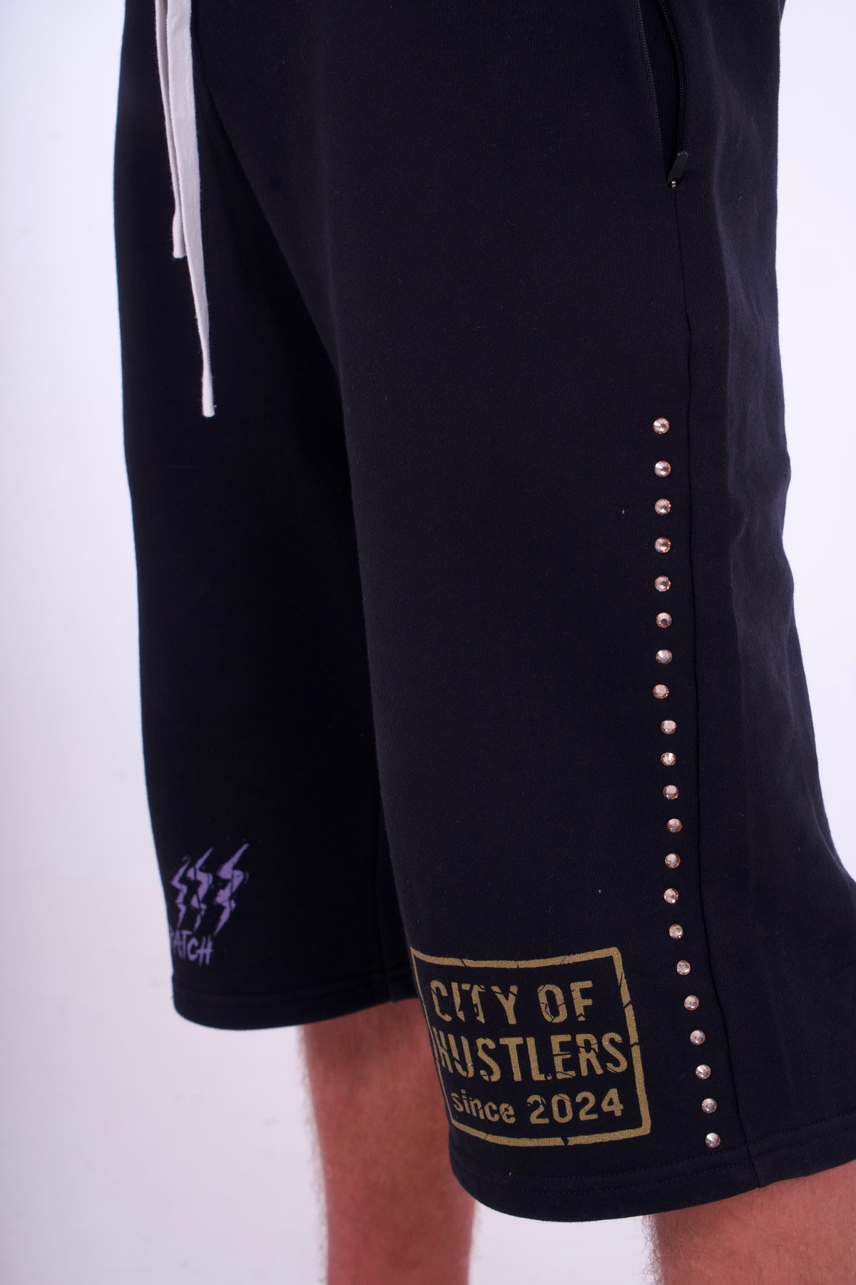 Black Purple/Gold PearlStones Statement Shorts
