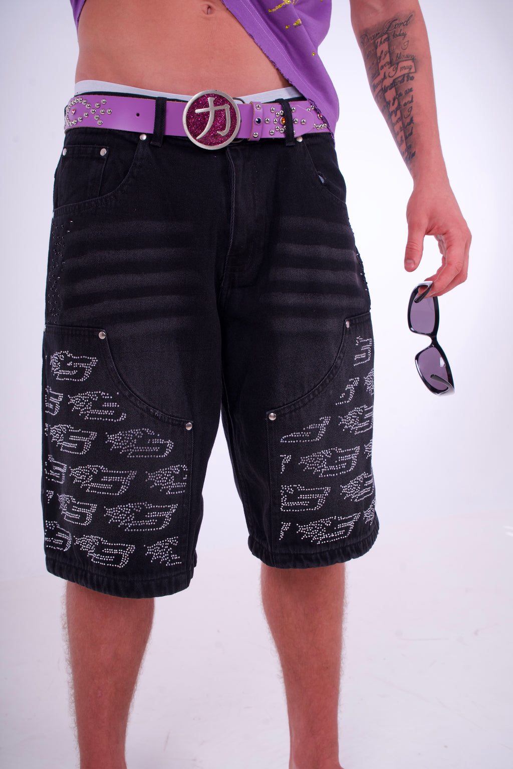 Black Denim Jorts - White Rhinestone