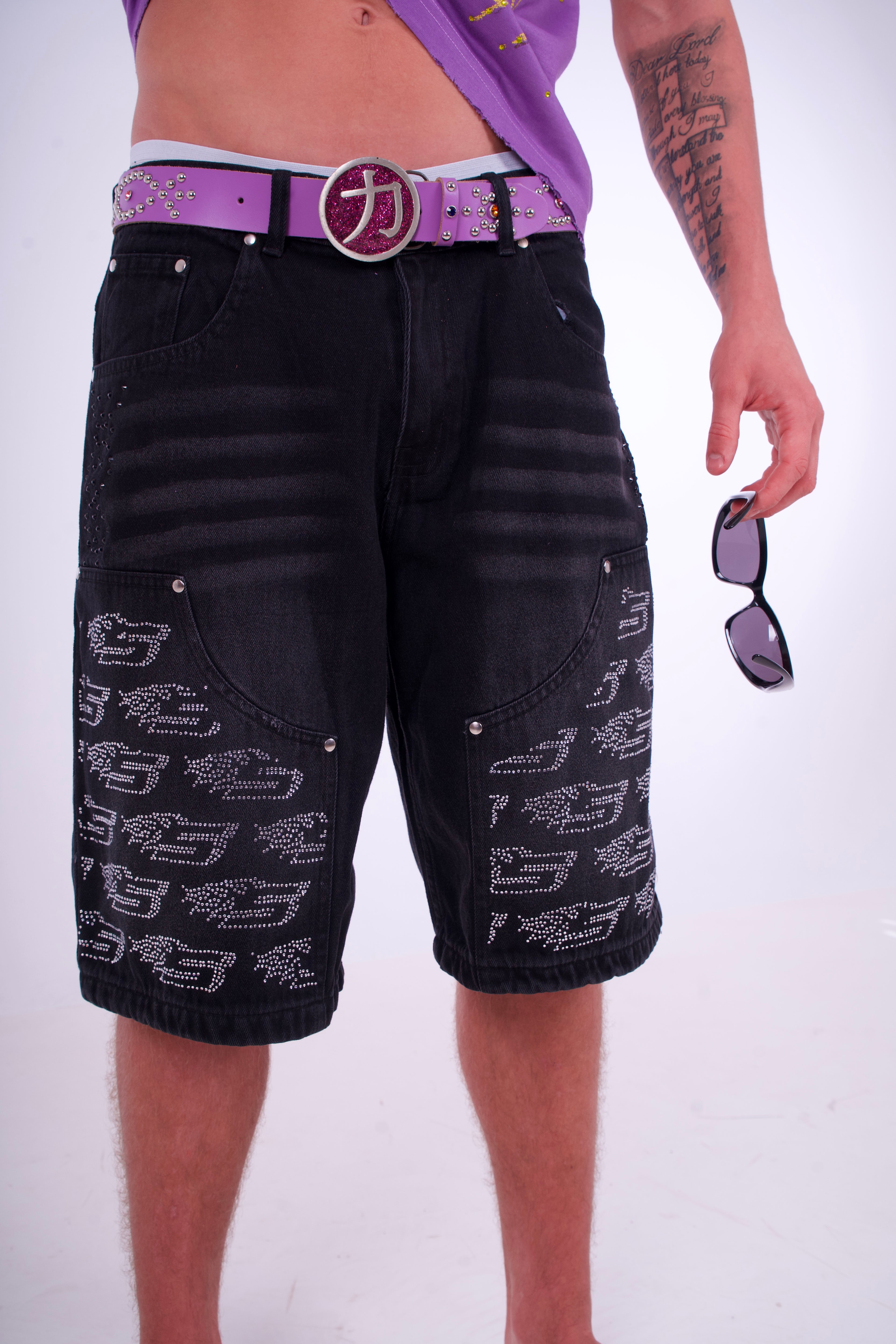 Black Denim Jorts - White Rhinestone