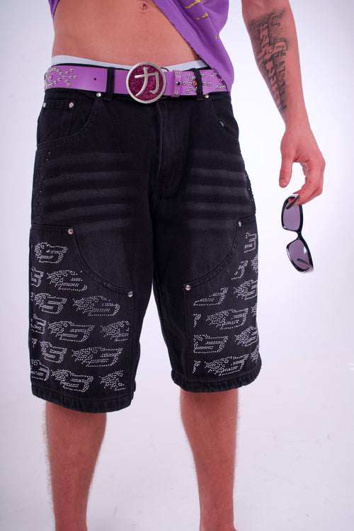 Black Denim Jorts - White Rhinestone