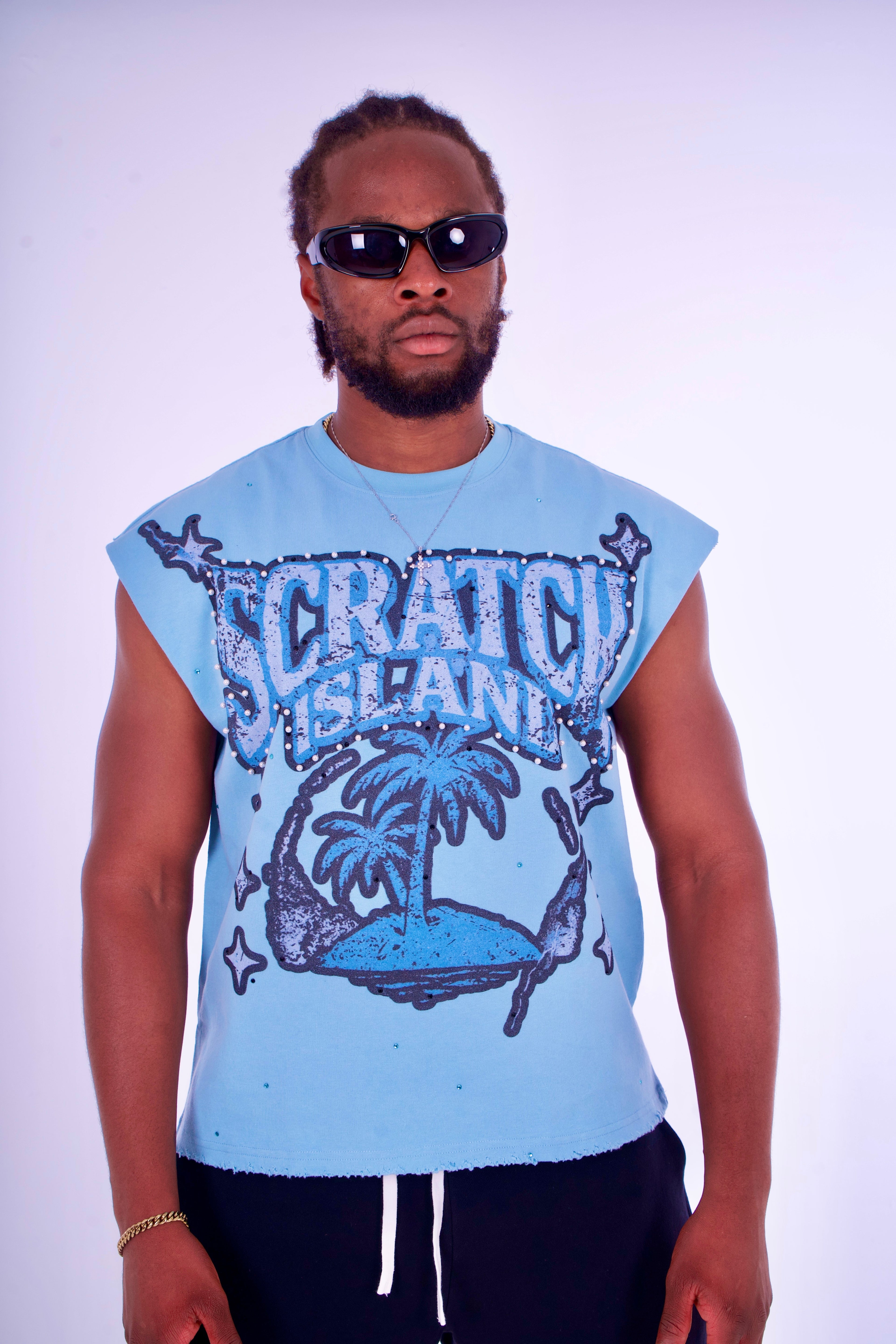 Blue Rhinestone & Pearl Sleeveless Tee
