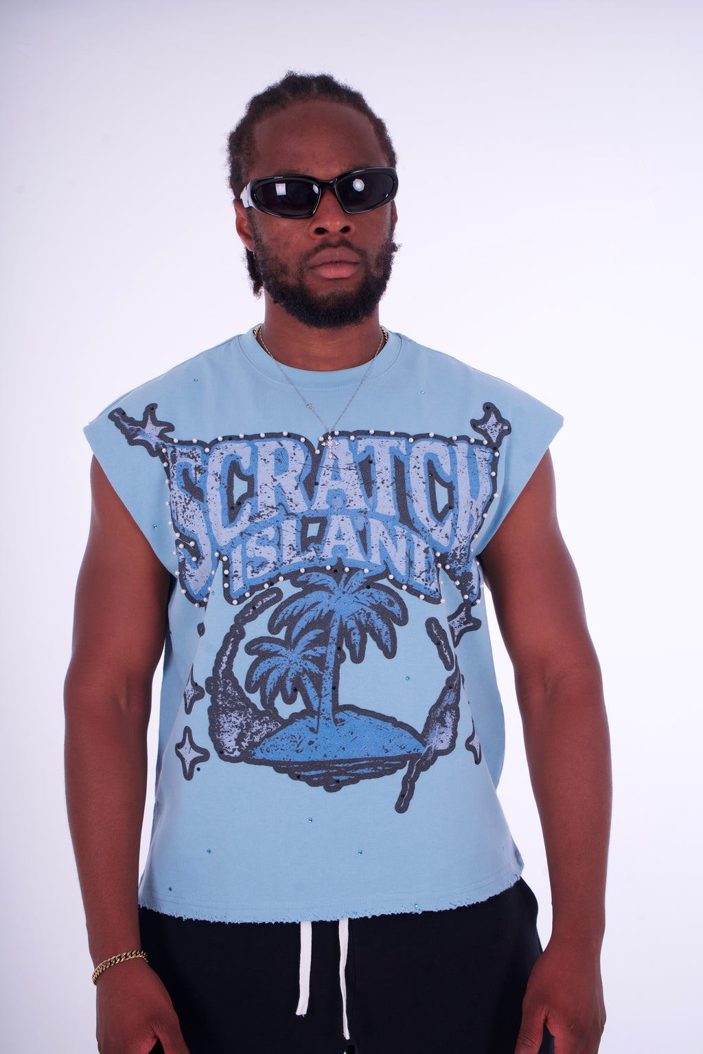 Blue Rhinestone & Pearl Sleeveless Tee