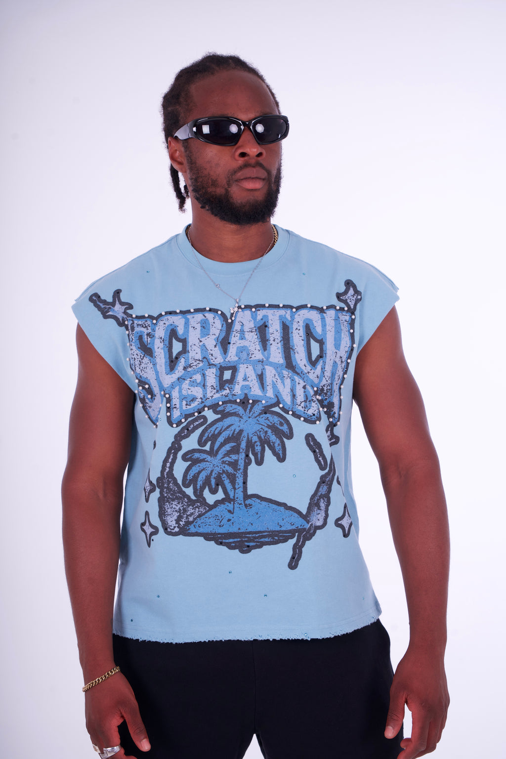 Blue Rhinestone & Pearl Sleeveless Tee