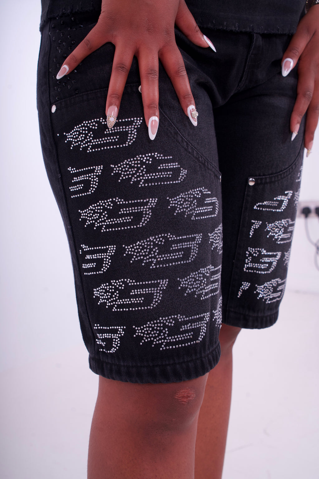 Black Denim Jorts - White Rhinestone