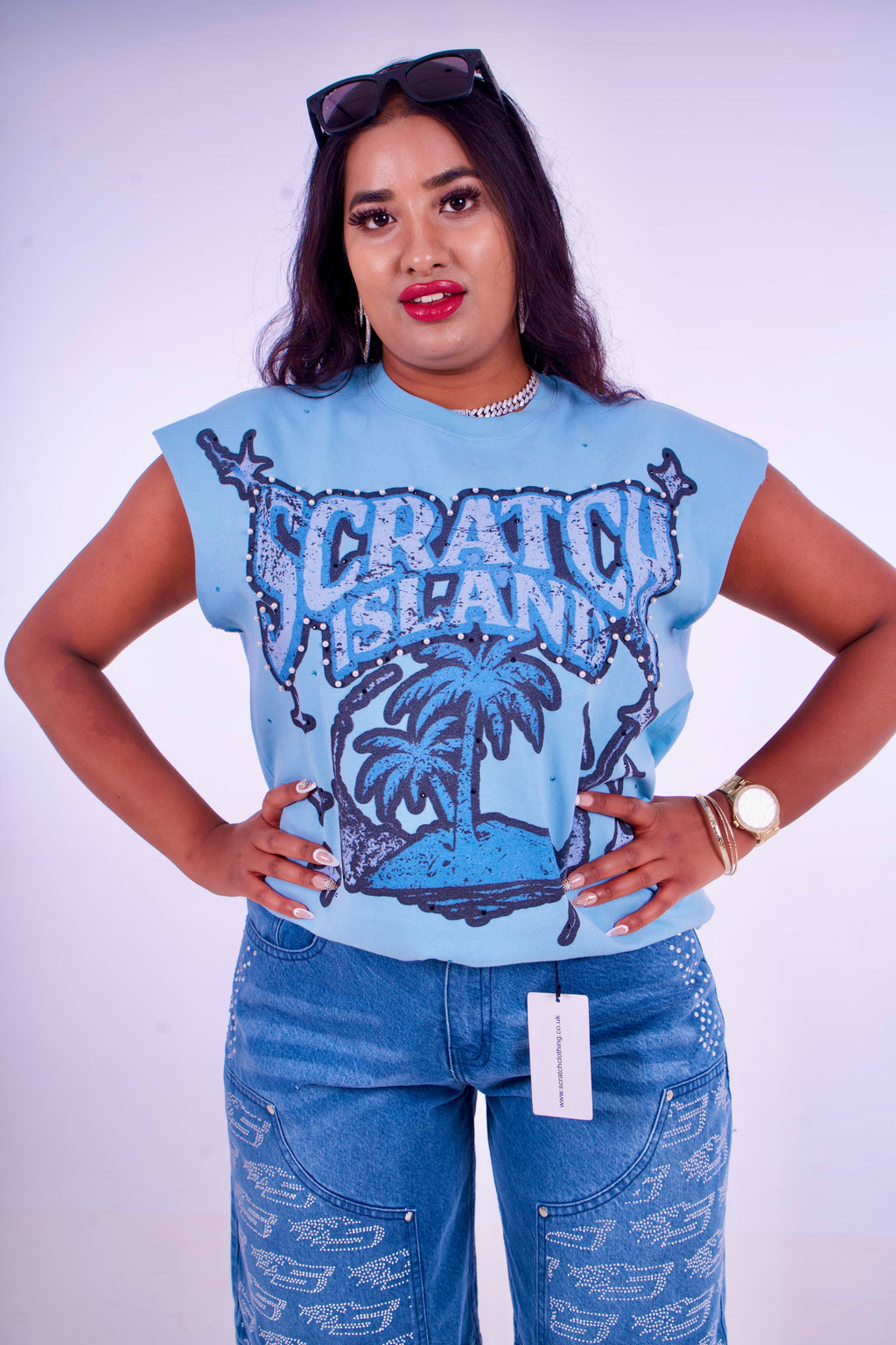 Blue Rhinestone & Pearl Sleeveless Tee