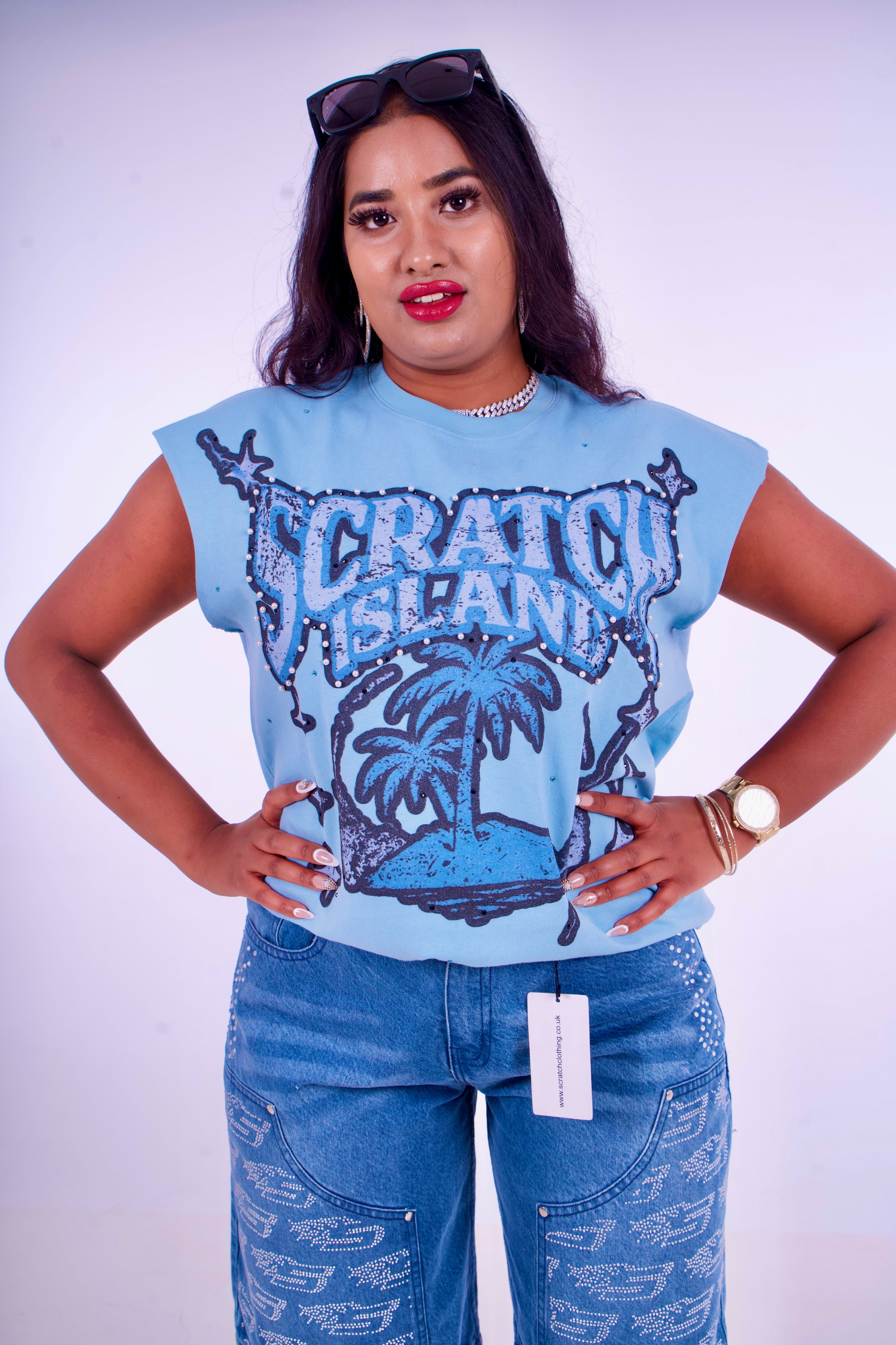 Blue Rhinestone & Pearl Sleeveless Tee