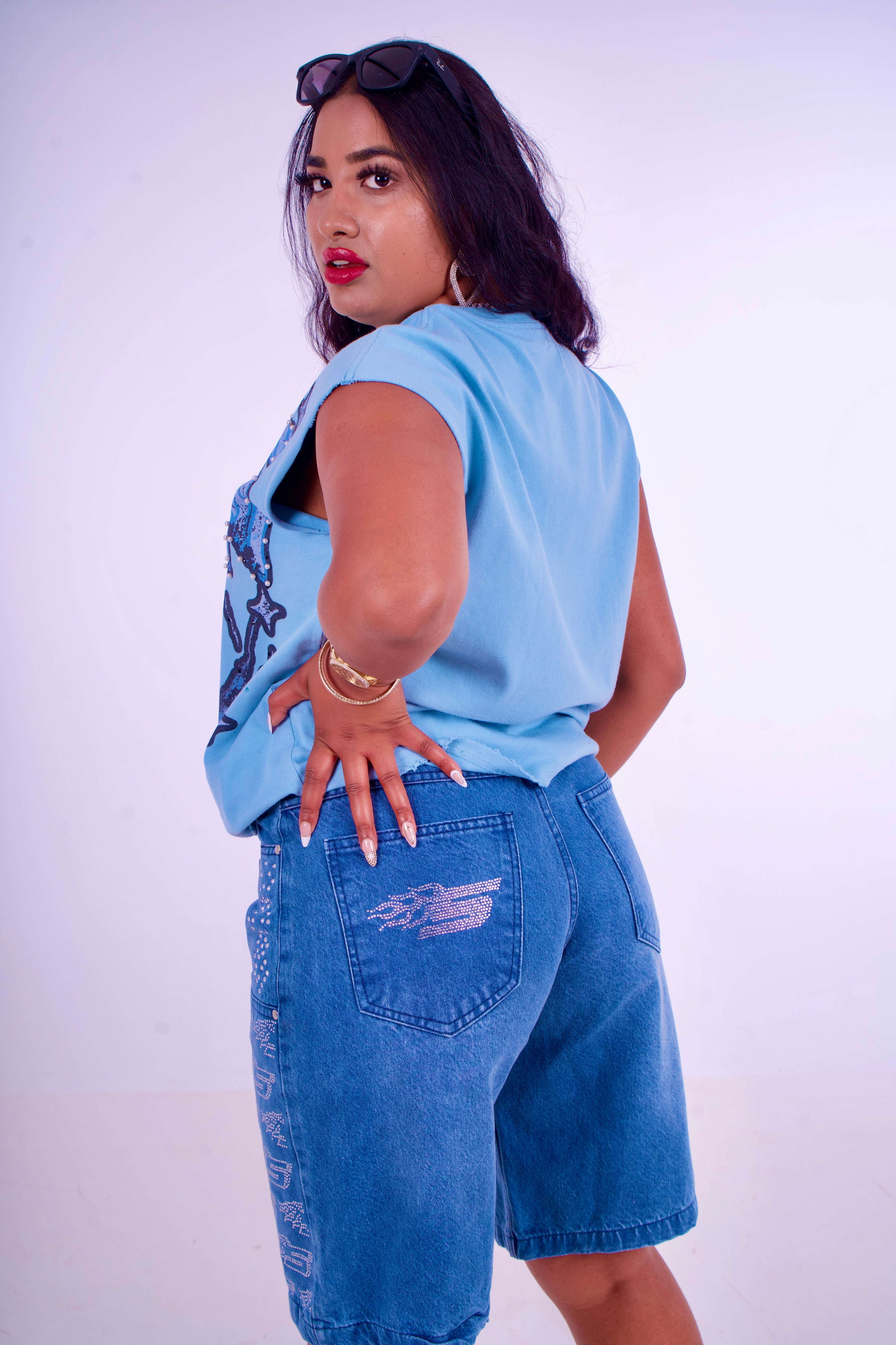Blue Denim Jorts - White Rhinestone