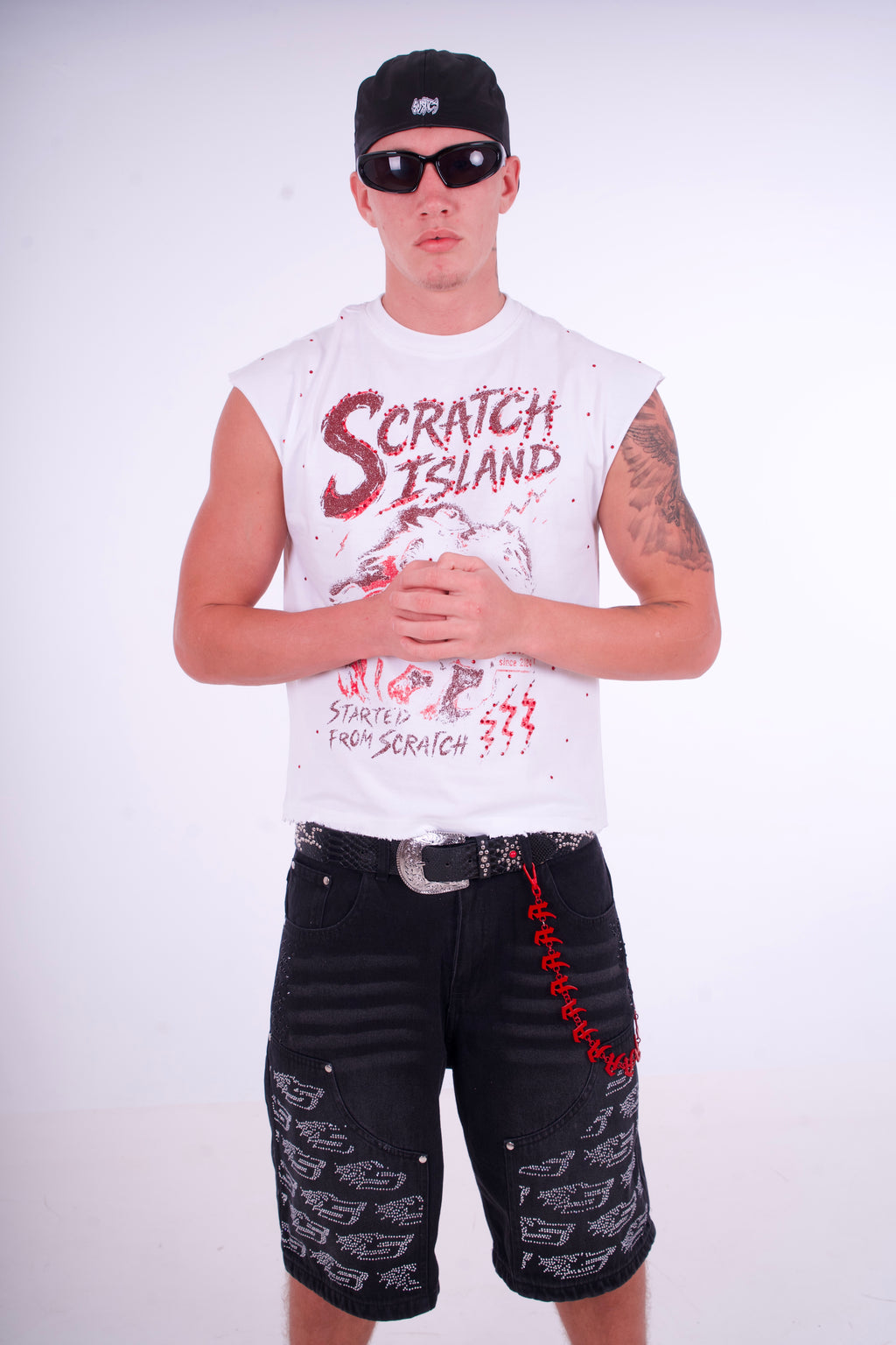 White & Red Rhinestone Sleeveless Tee