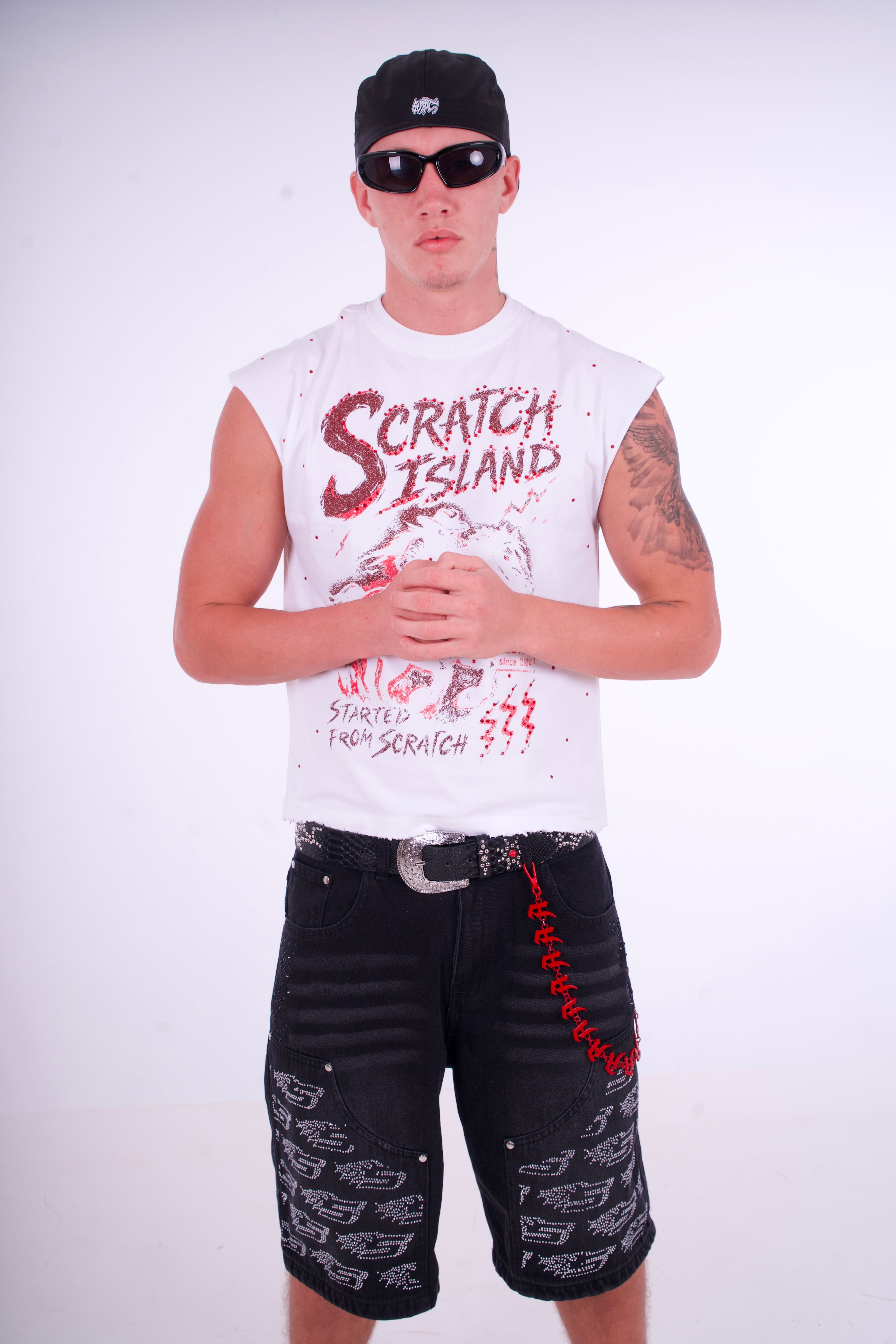 White & Red Rhinestone Sleeveless Tee