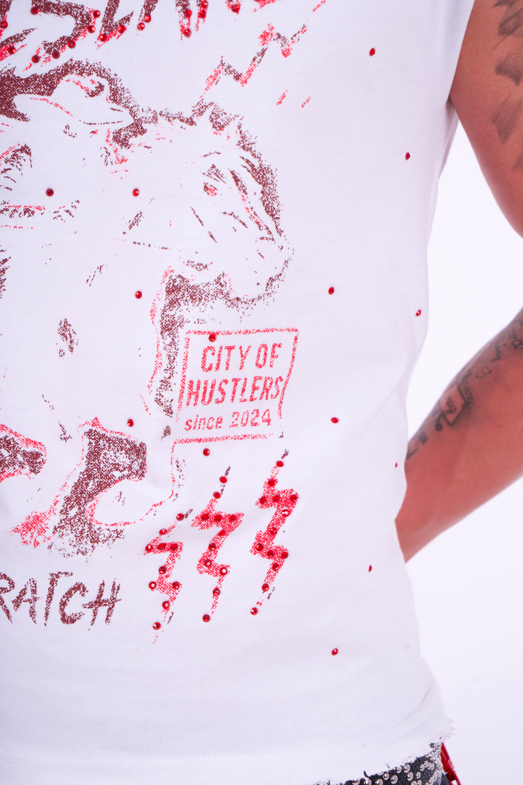 White & Red Rhinestone Sleeveless Tee
