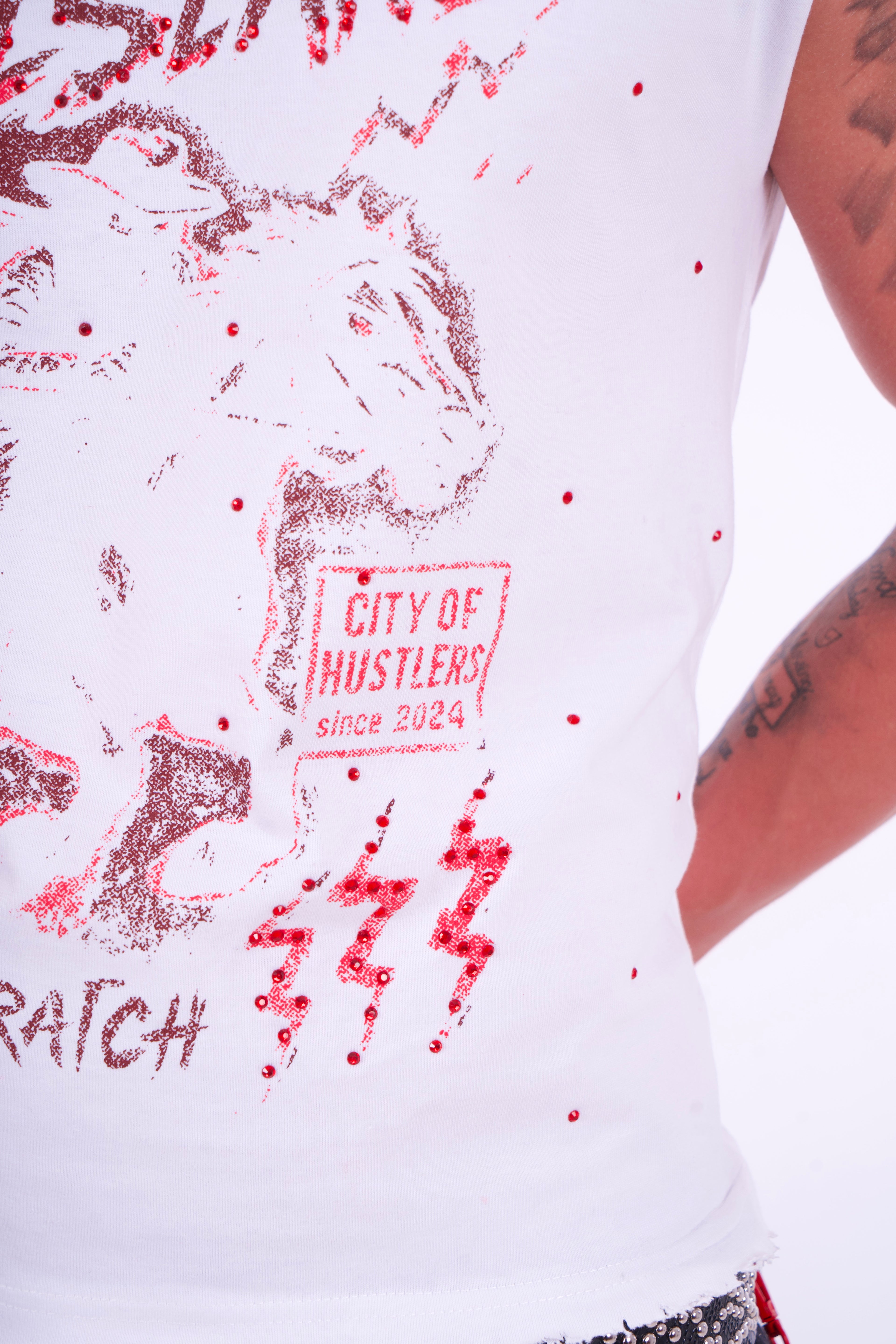 White & Red Rhinestone Sleeveless Tee