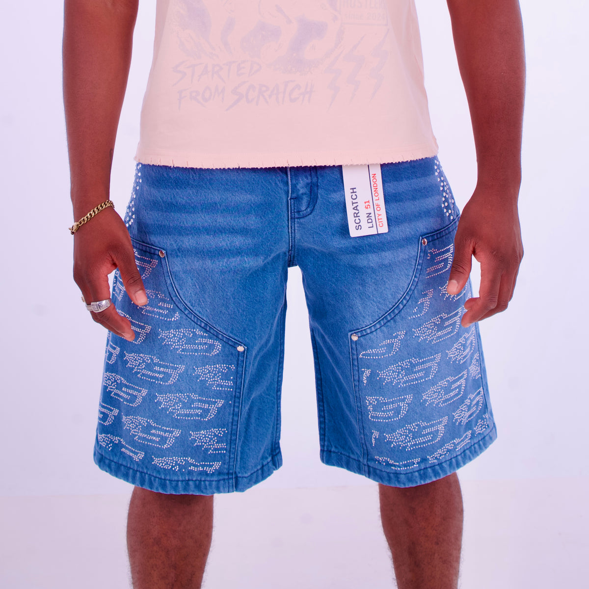 Blue Denim Jorts - White Rhinestone