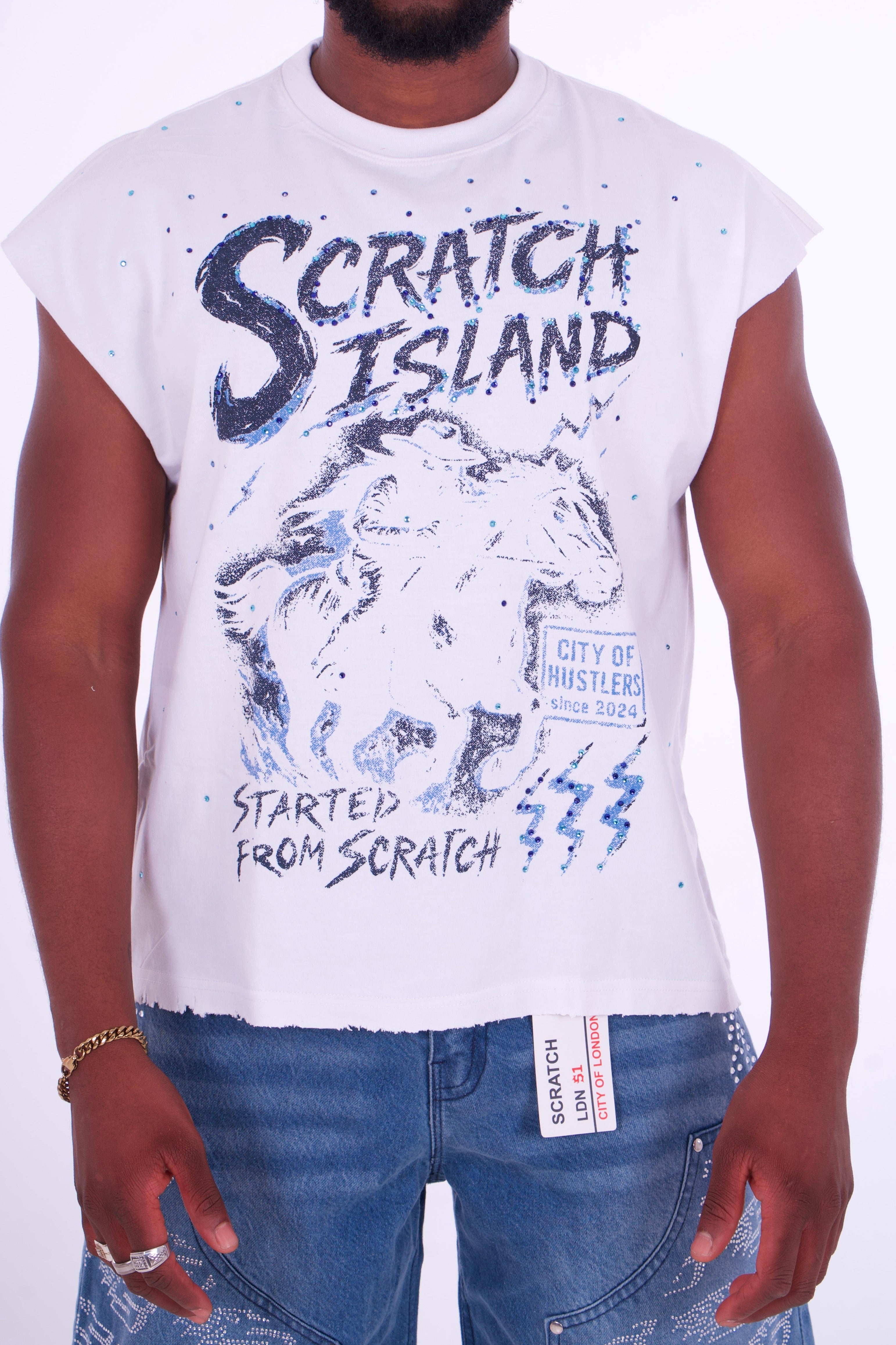 White & Blue Rhinestone Sleeveless Tee