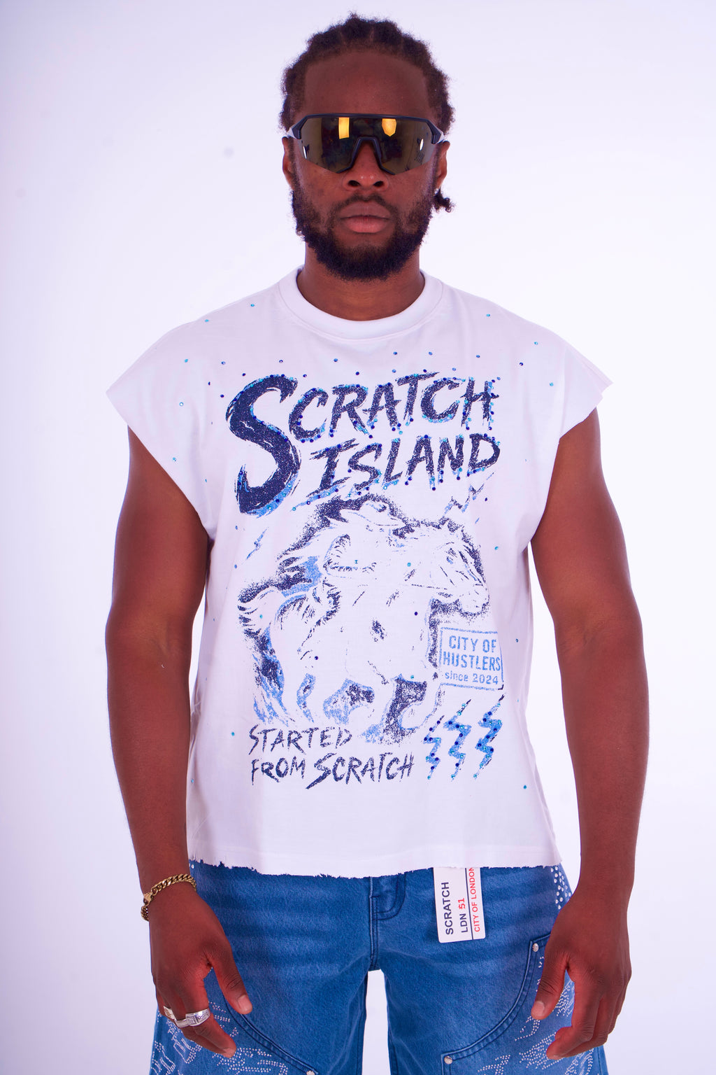 White & Blue Rhinestone Sleeveless Tee