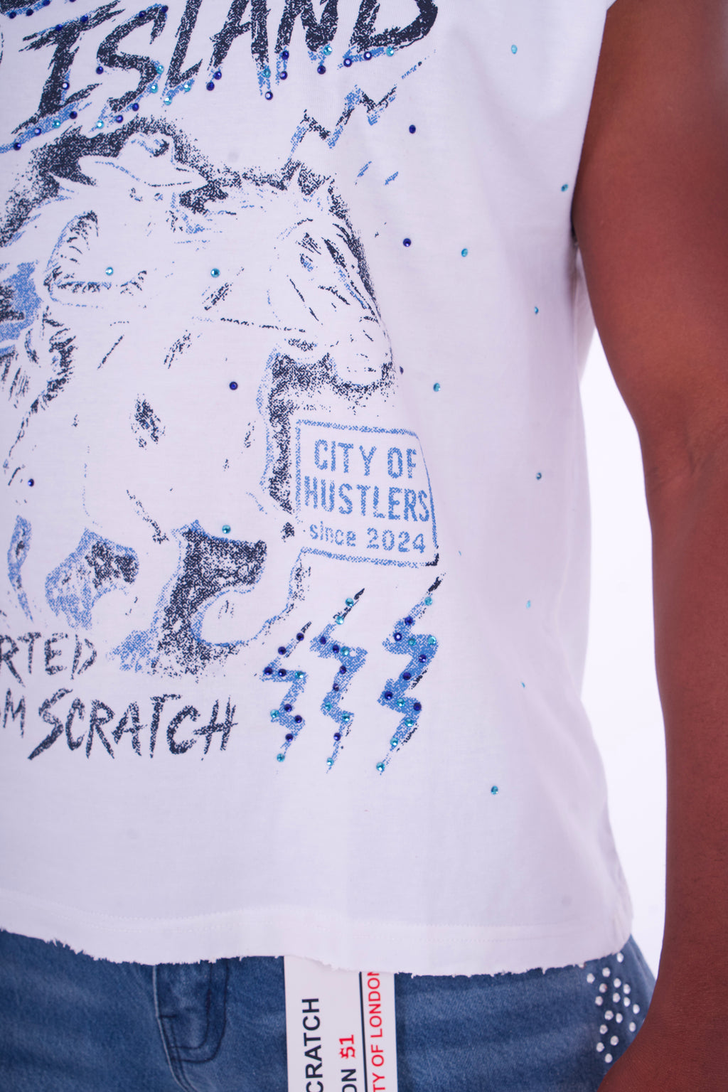 White & Blue Rhinestone Sleeveless Tee