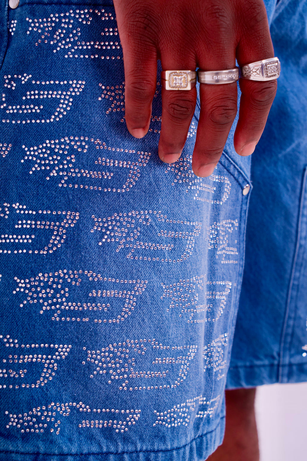 Blue Denim Jorts - White Rhinestone