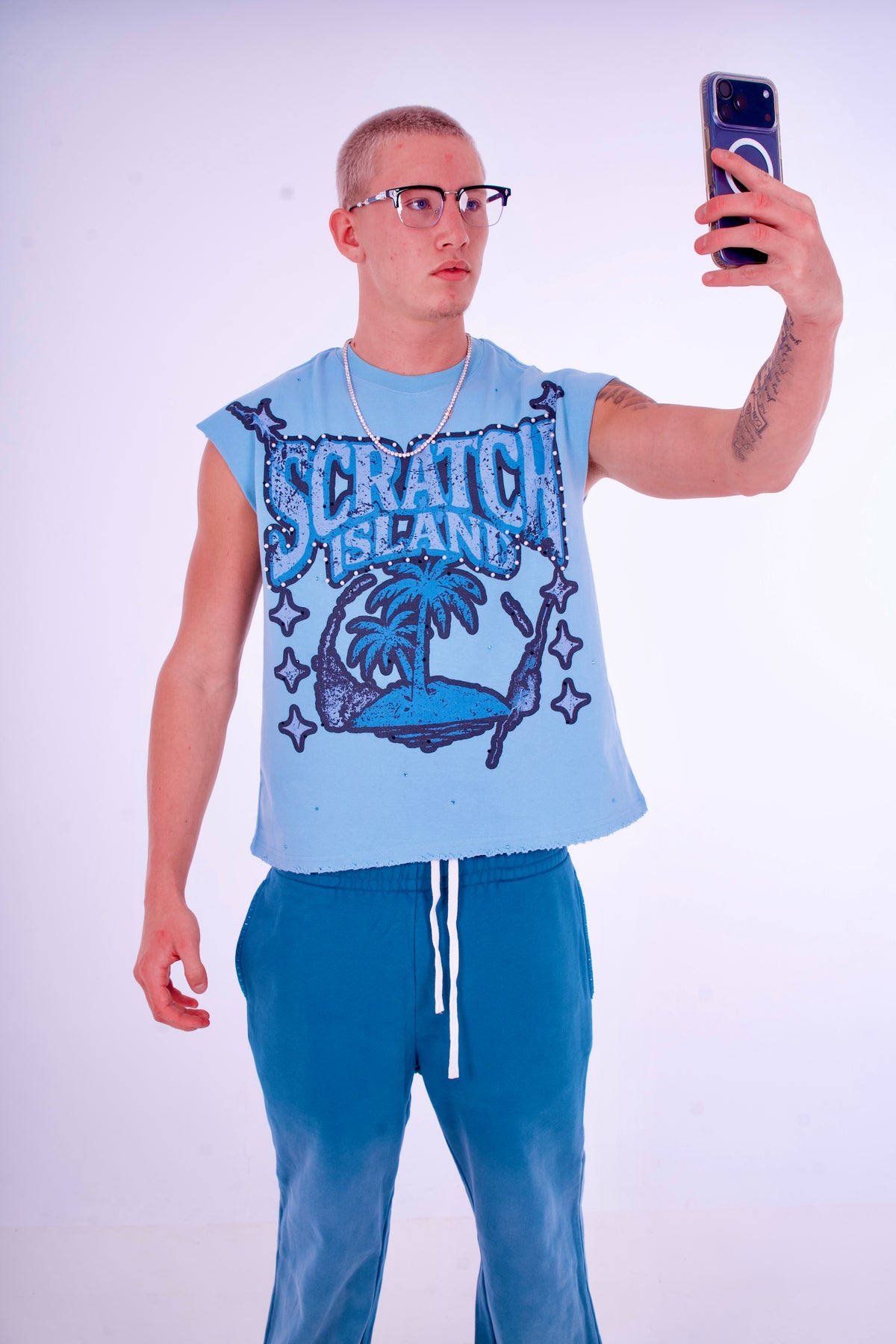 Blue Rhinestone & Pearl Sleeveless Tee