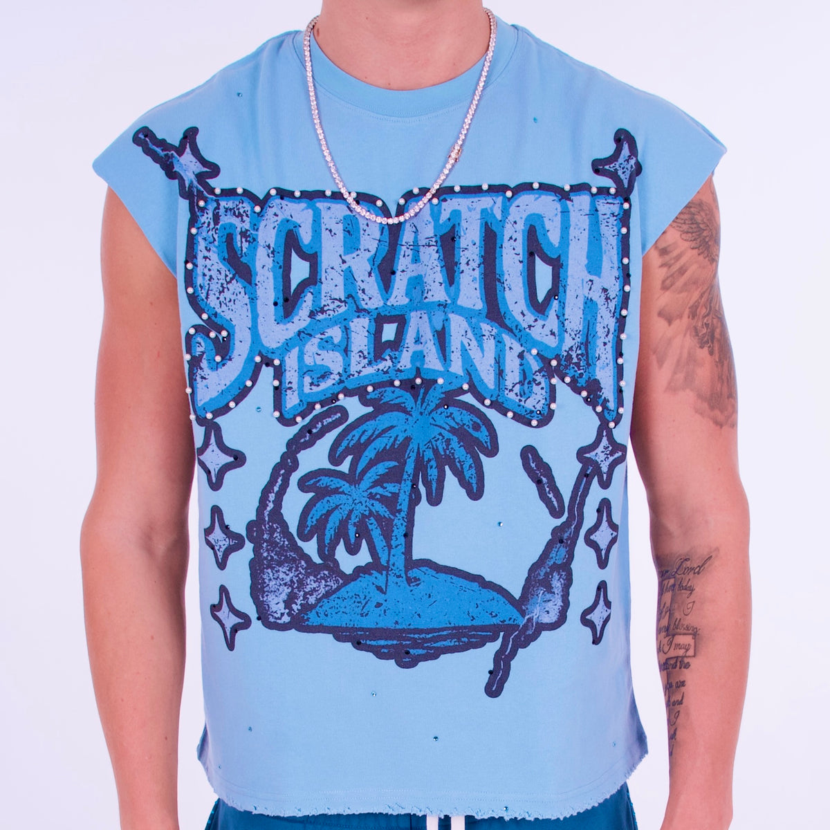 Blue Rhinestone & Pearl Sleeveless Tee
