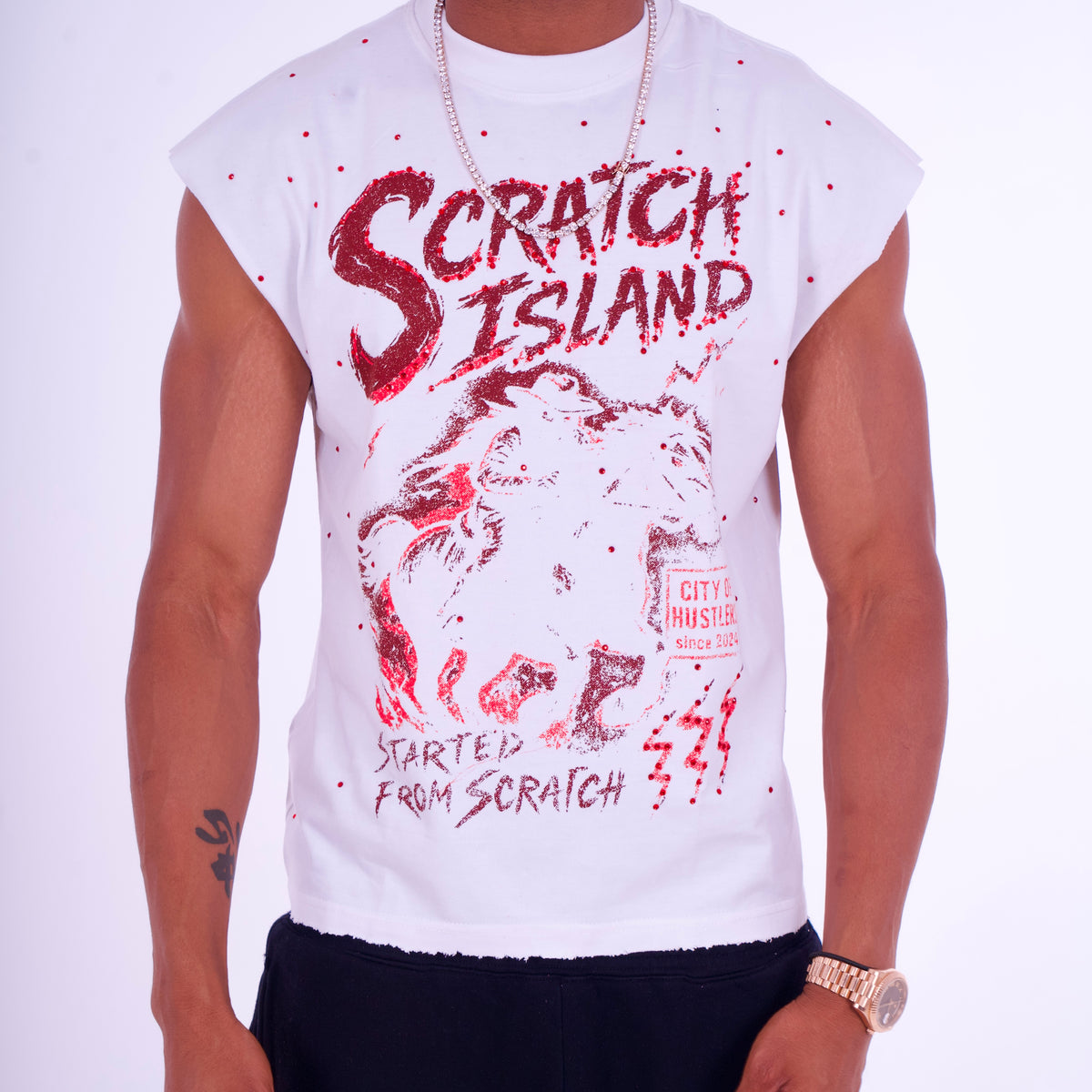White & Red Rhinestone Sleeveless Tee