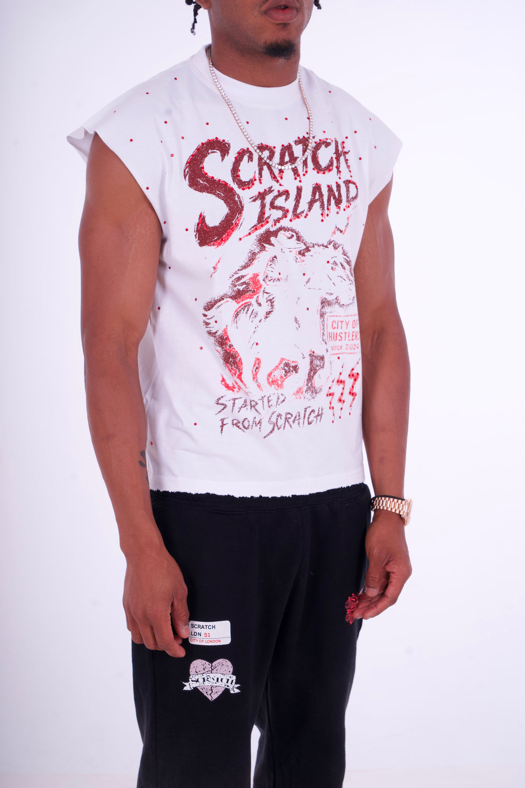 White & Red Rhinestone Sleeveless Tee