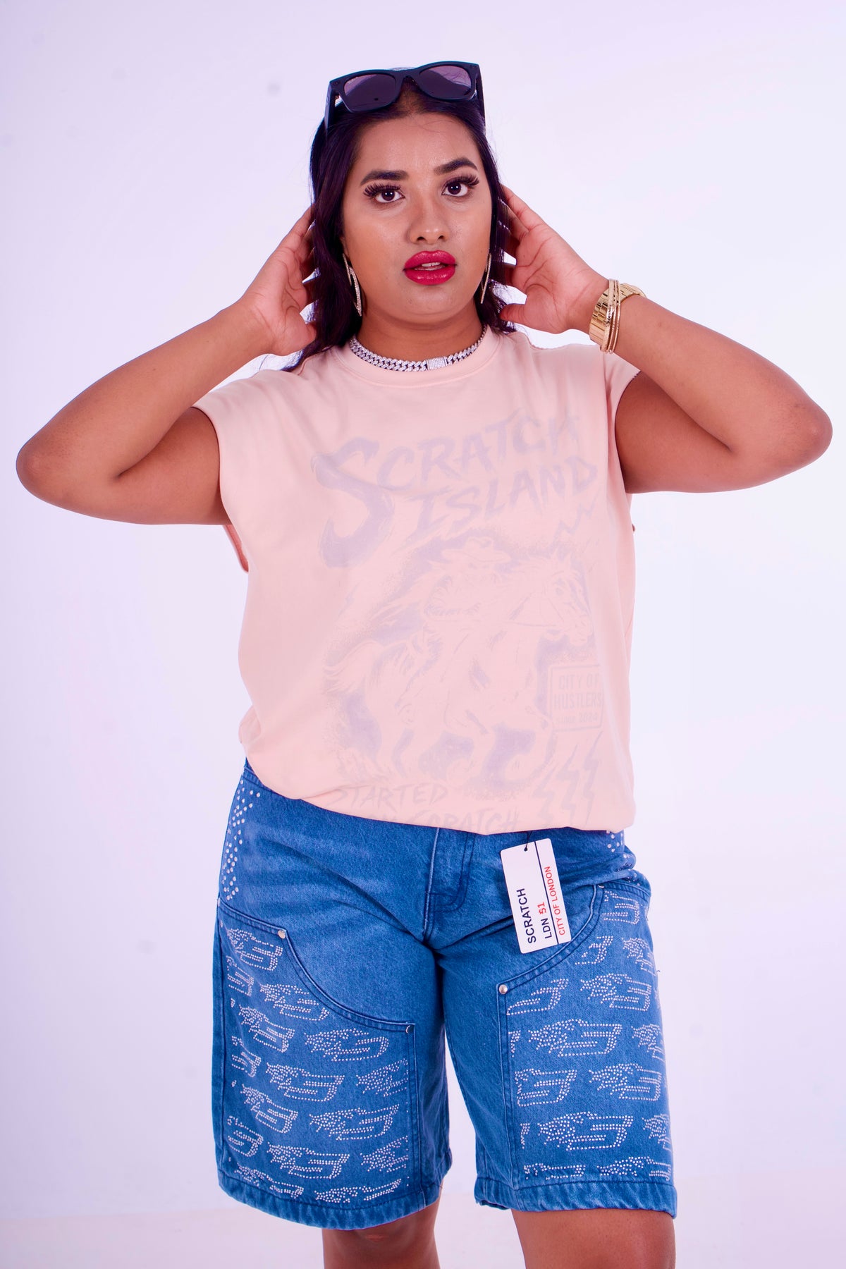 Blue Denim Jorts - White Rhinestone