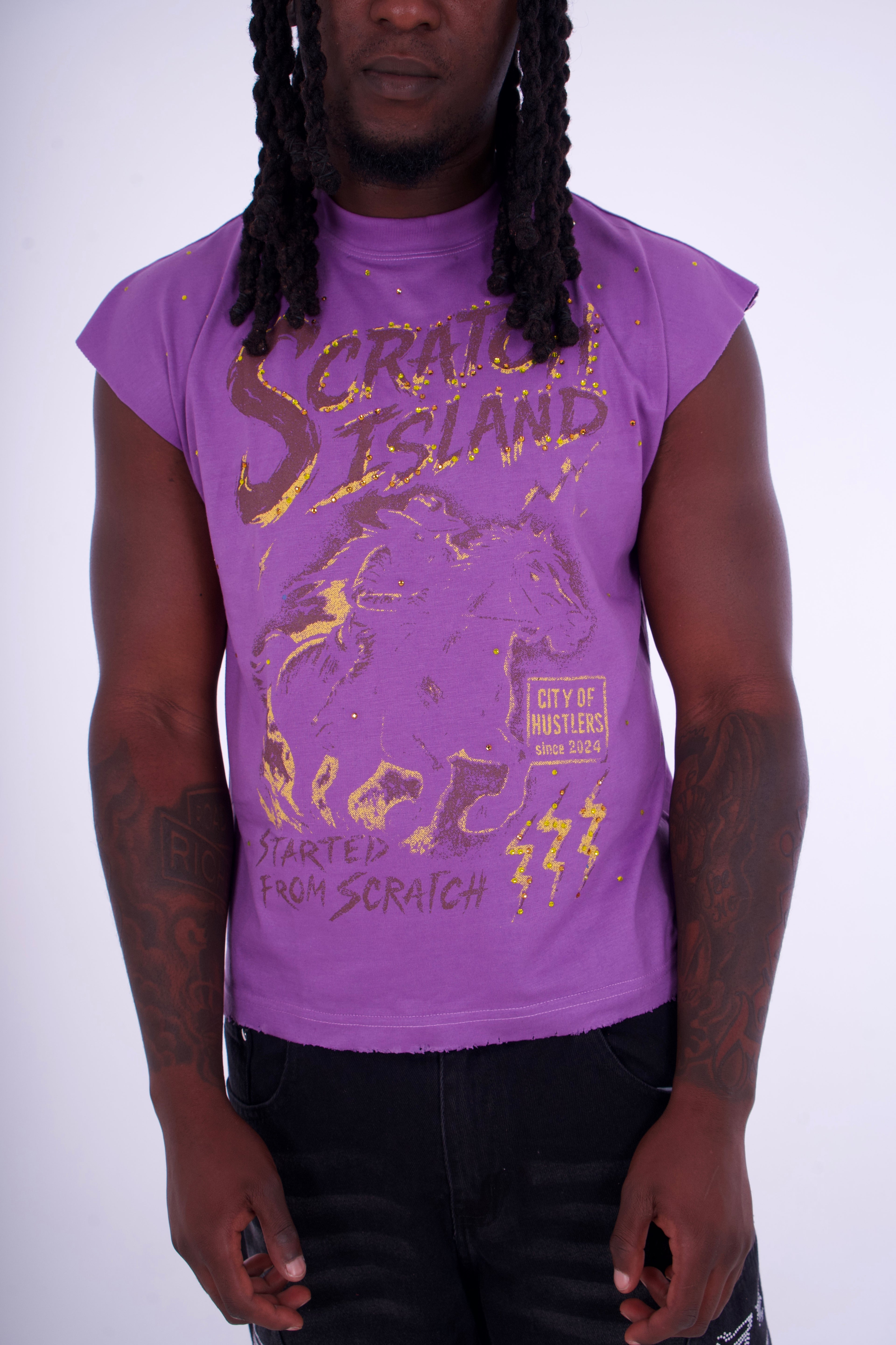 Purple & Yellow Rhinestone Sleeveless Tee
