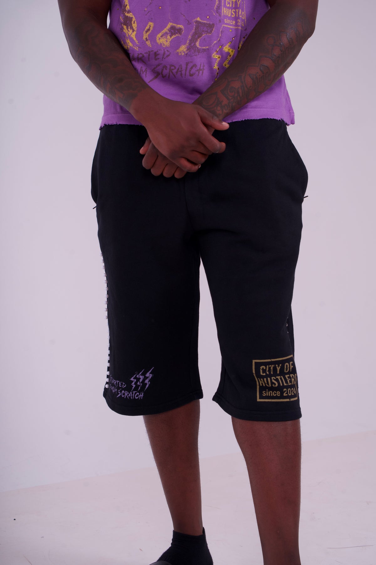 Black Purple/Gold PearlStones Statement Shorts