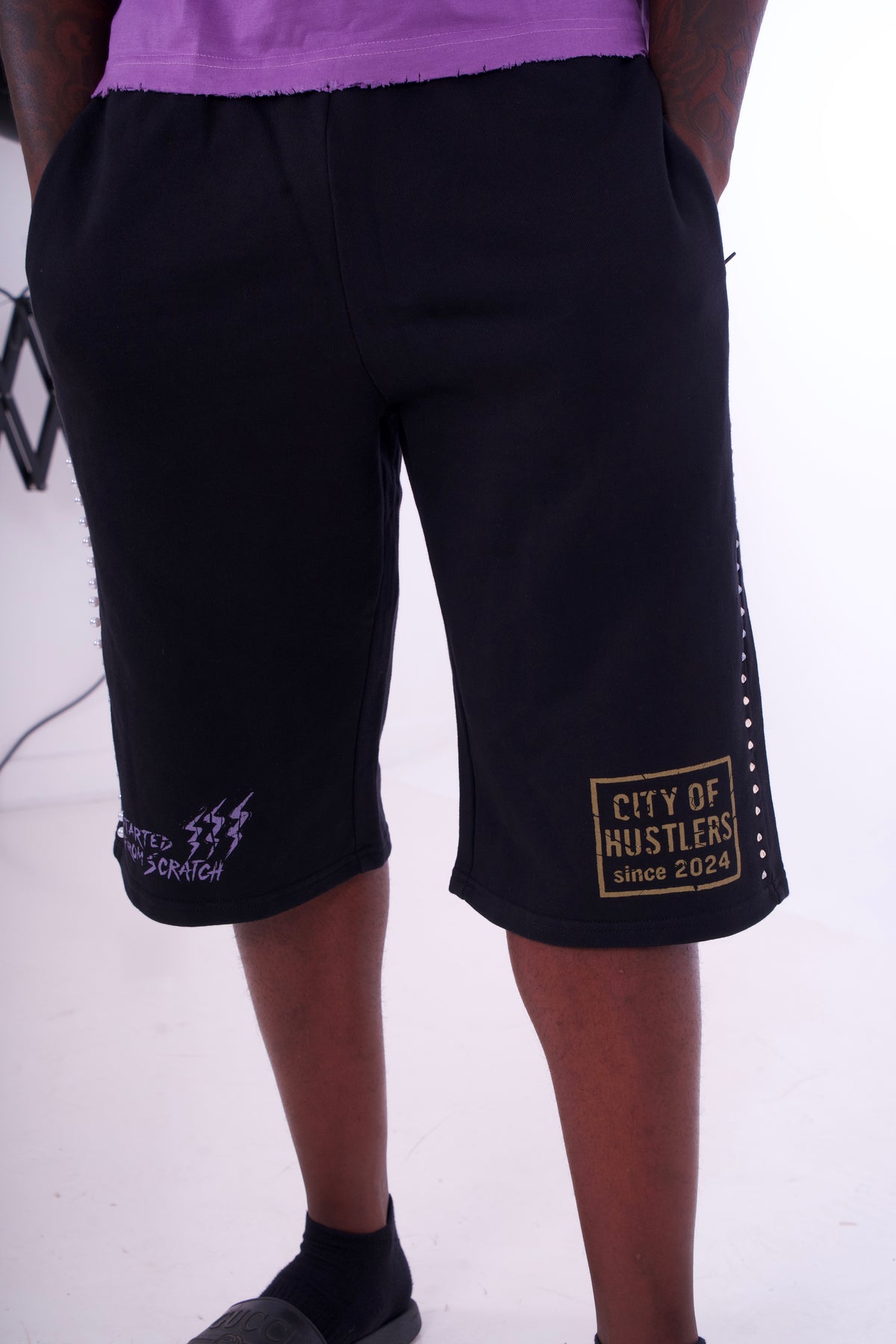 Black Purple/Gold PearlStones Statement Shorts