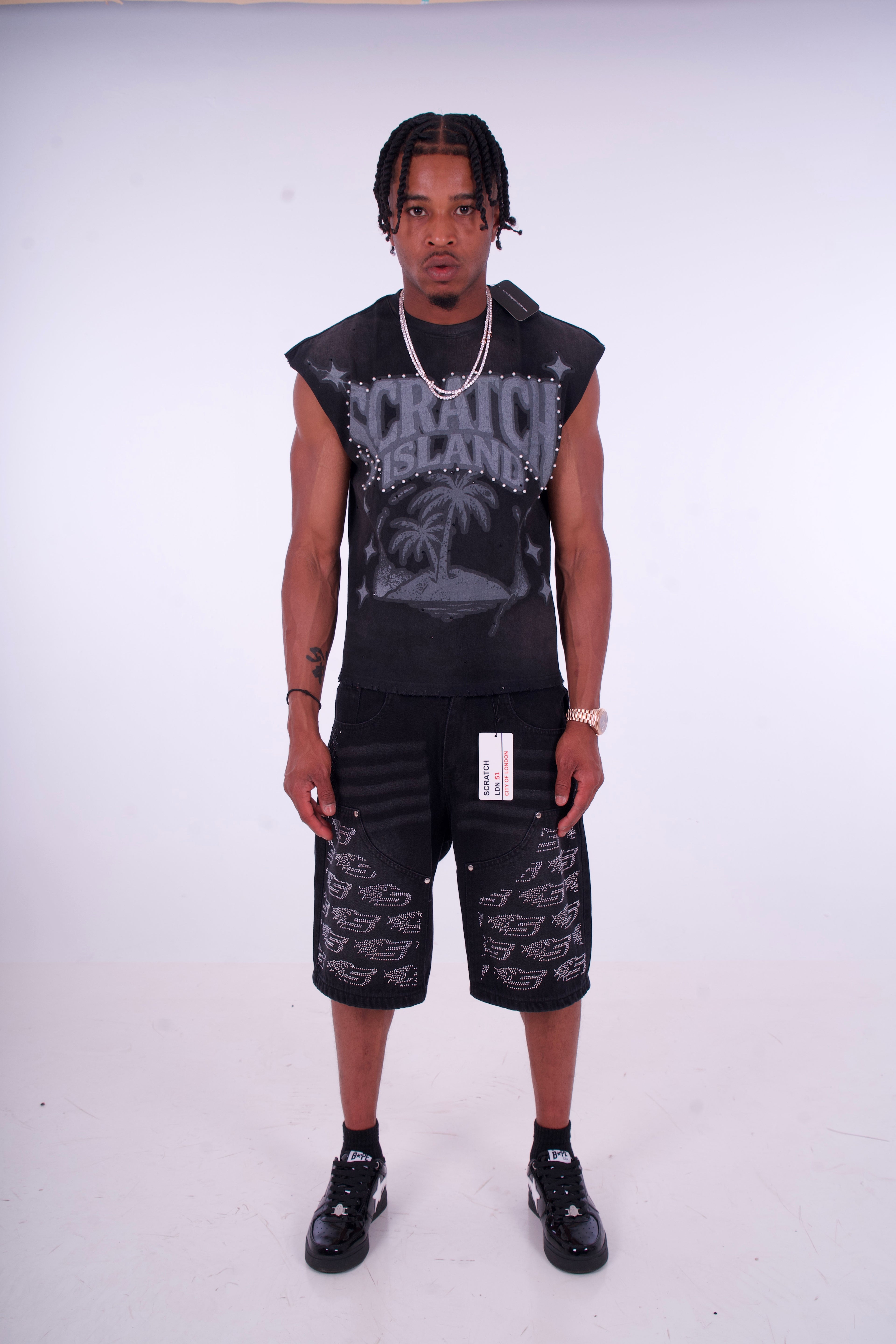 Black Denim Jorts - White Rhinestone